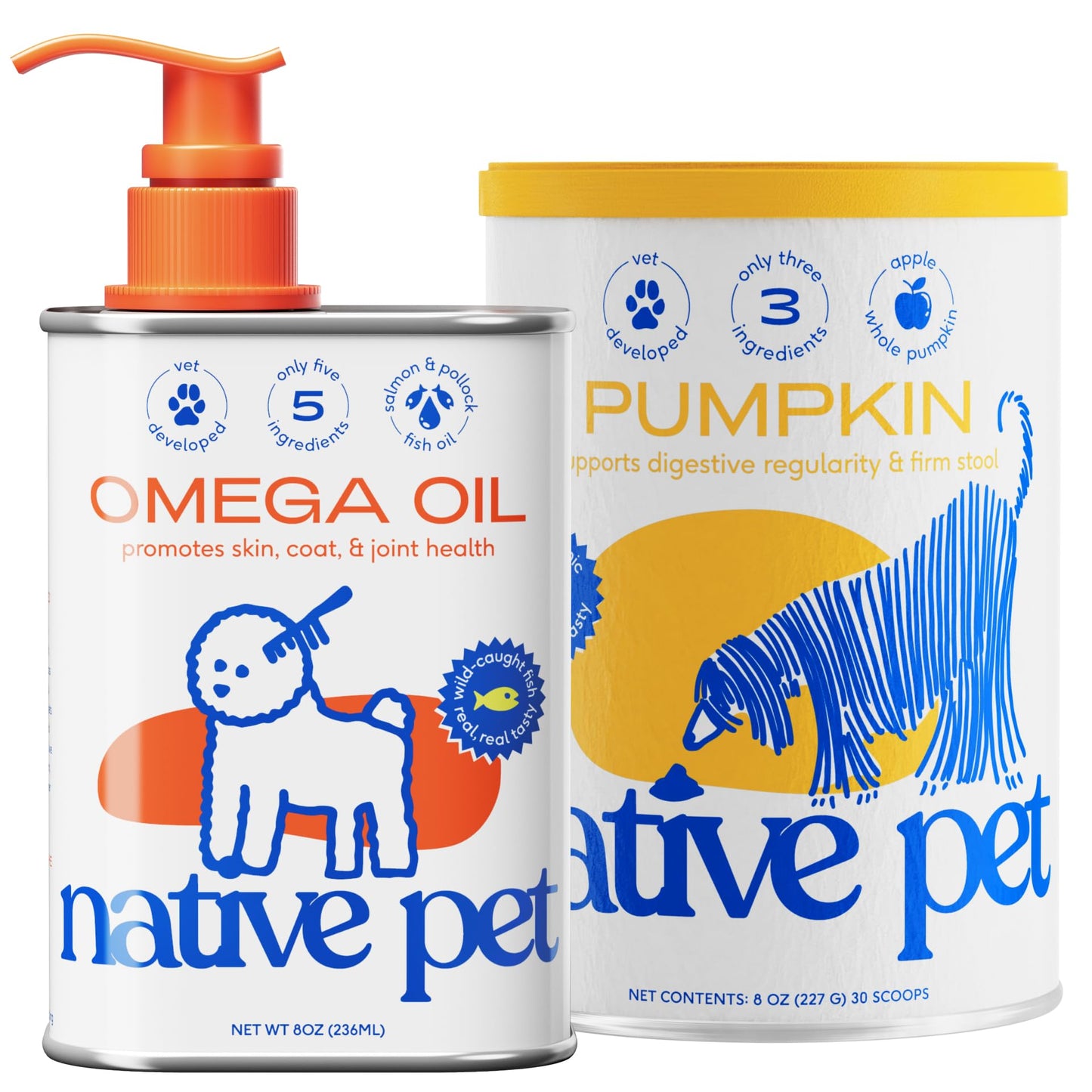 Native Pet Omega Oil for Dogs & Pumpkin for Dogs | Dog Fish Oil Supplements | All-Natural, Organic Pumpkin Fiber for Dogs | 8 Oz. Omega Oil & Pumpkin Powder