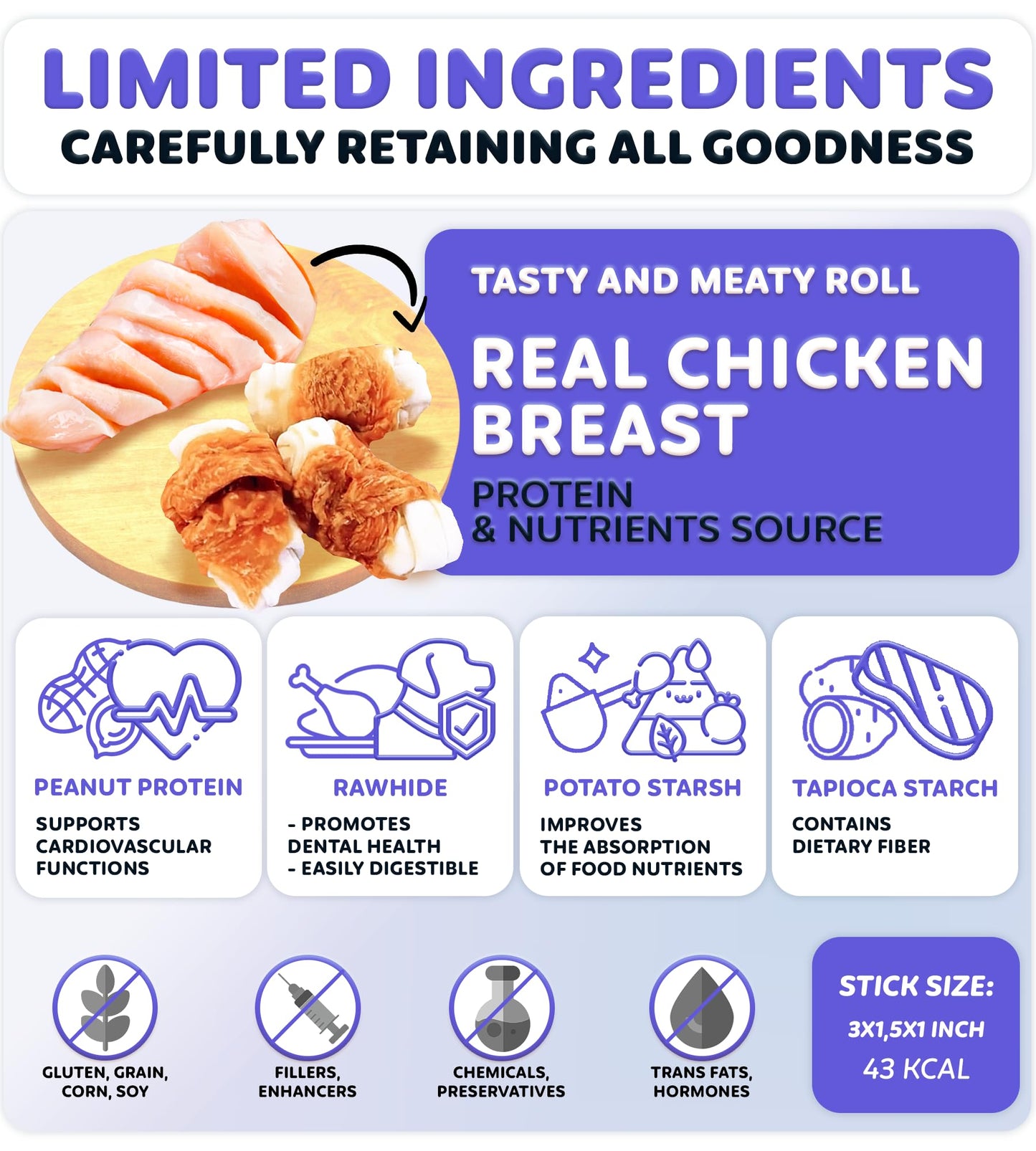 Wootsy Chicken Wrapped Knotted Rawhide Bones - Dental Health Support, Long-Lasting, Grain Free Canine Treats - Low-Calorie & High-Protein Real Chicken Dog Chews, 24 oz