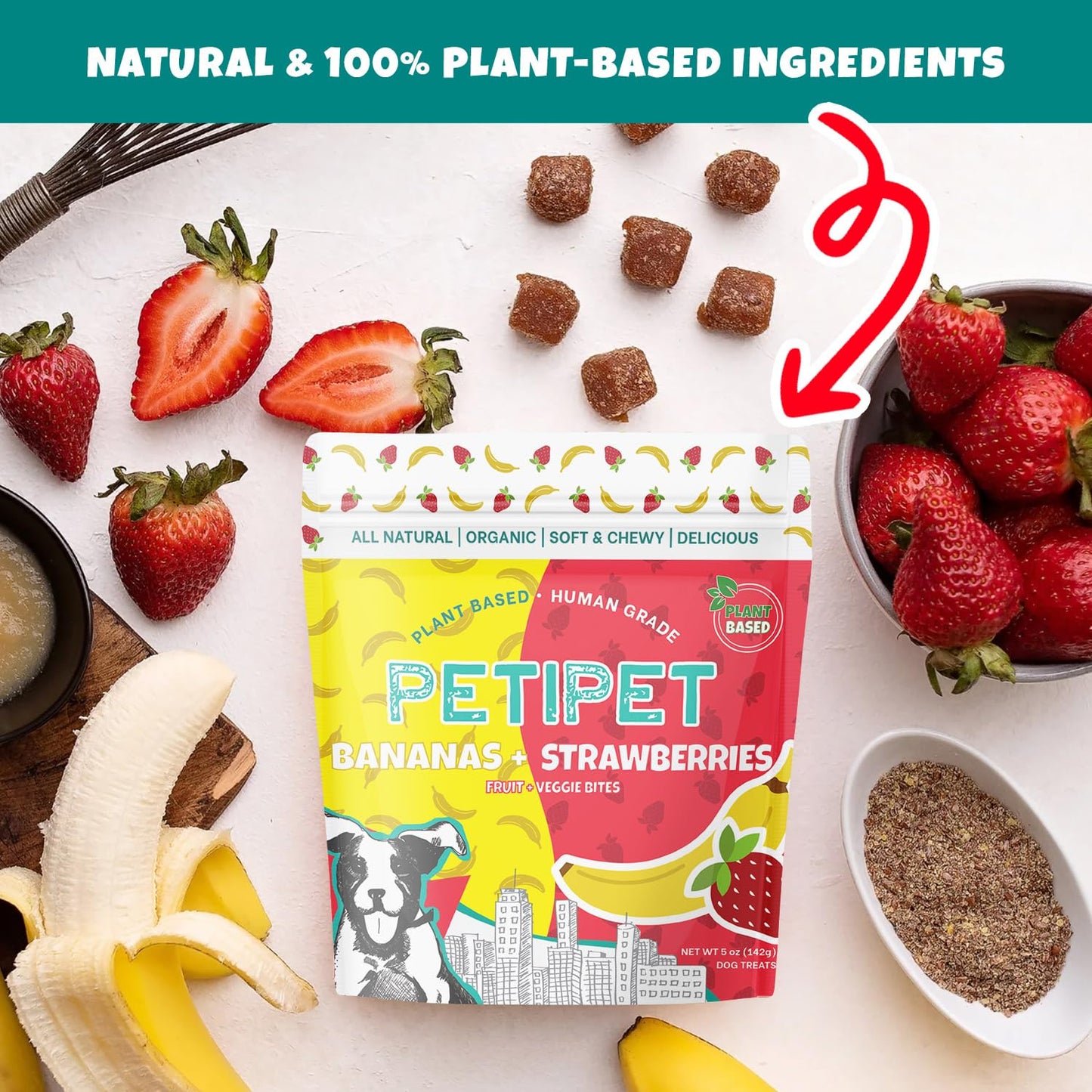 PETIPET Bananas+Strawberries Plant-Based Fruit Dog Treats - Strawberry, Apple, Banana Soft & Chewy Treats - Healthy, Vegetarian, Vegan - Organic Ingredients, Low-Protein, Hypoallergenic, Gluten-Free