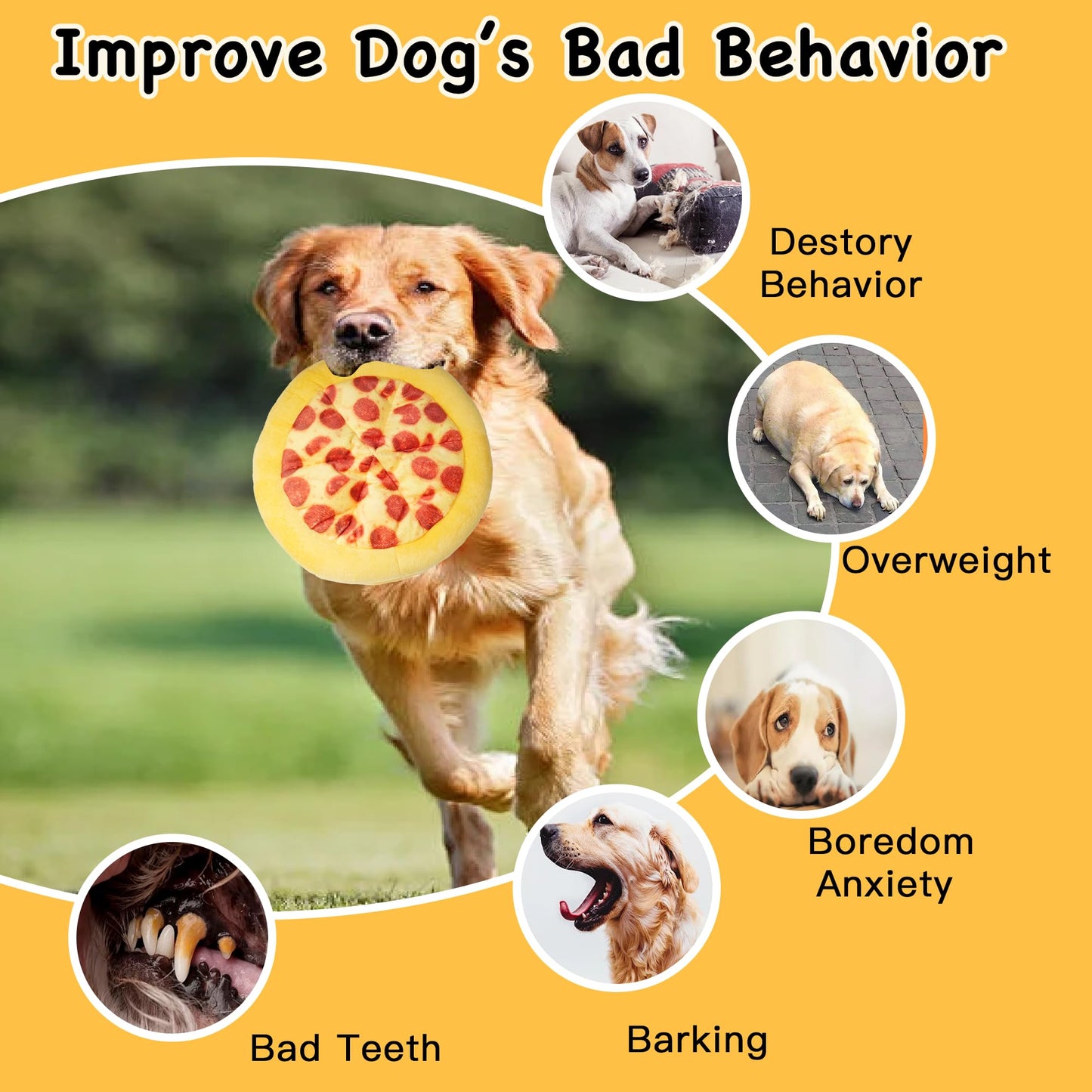 XIANG YXWO Soft Pizza Dog Toy, 6 Safe Squeakers for Puppy Toy, Interactive Dog Chew Toy, Soothing Chew Toy for Indoor Small/Medium Dogs (Pizza)