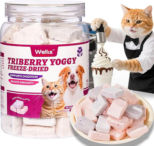 Wellix Freeze-Dried Cat Treats for Dog&Cat - Triberry Cat&Dog Yogurt Treats with Chicken Flavor Fruits - Probiotics Digestive&Immune Health Cats&Dogs Food Toppers 4.23oz
