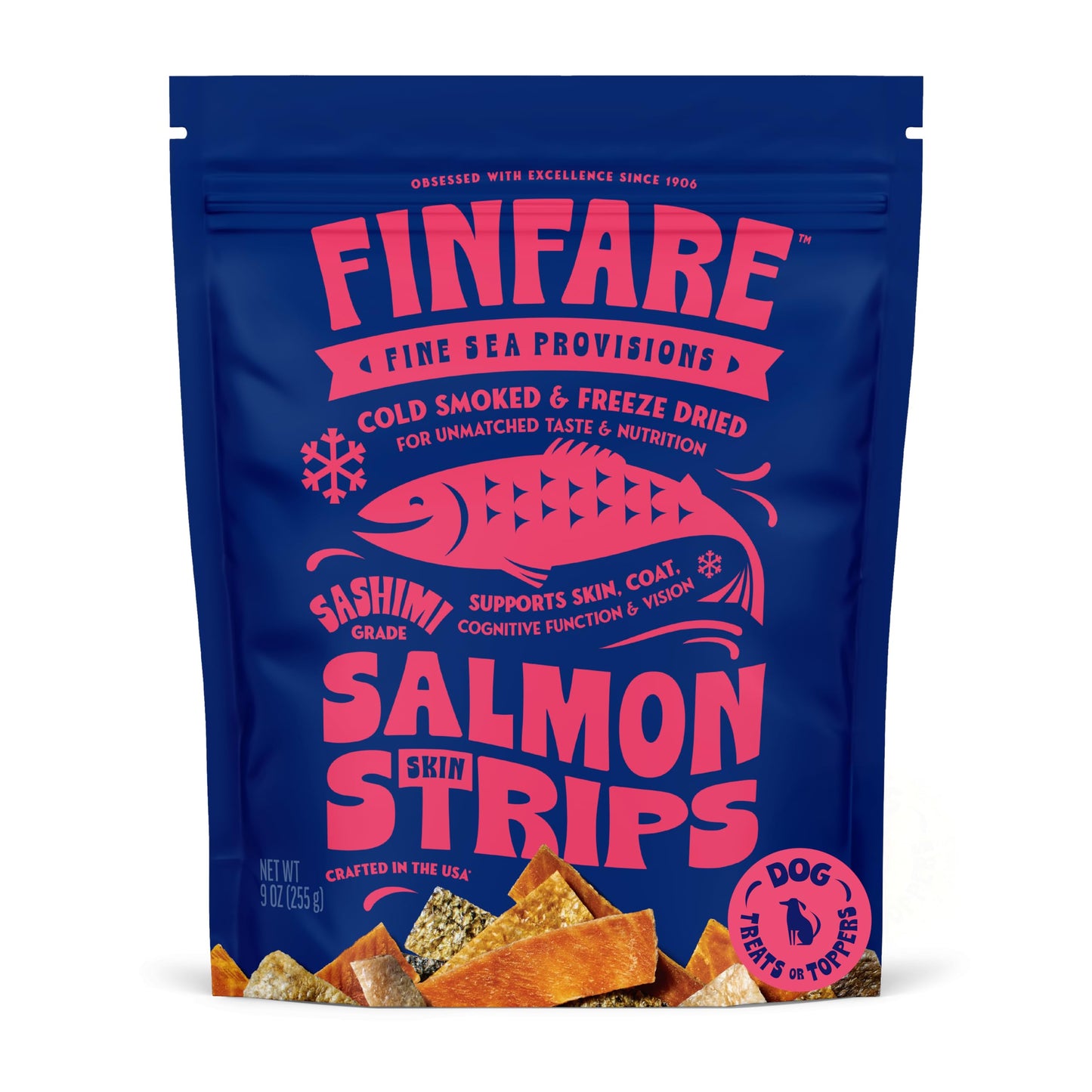 Finfare Freeze Dried Dog Treats, Salmon Skin Strips, Protein & Omega-3s, Grain Free Salmon Dog Training Treats, Crafted in USA, 9oz