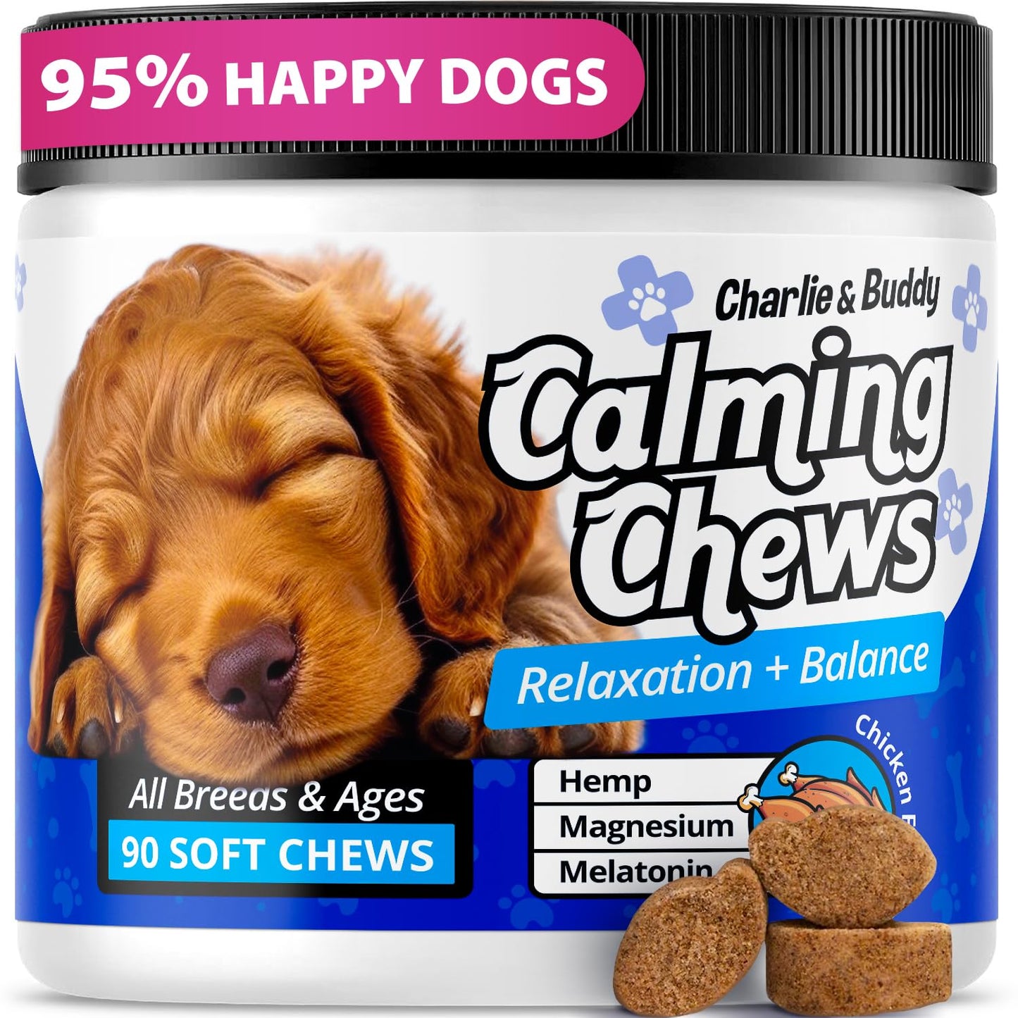 Charlie & Buddy Calming Chews for Dogs, Dog Anxiety Relief, Promote Relaxation, Dog Calming Chews with Melatonin for Dogs, Chamomile, Magnesium Citrate, 90 Soft Chews, Chicken Flavor