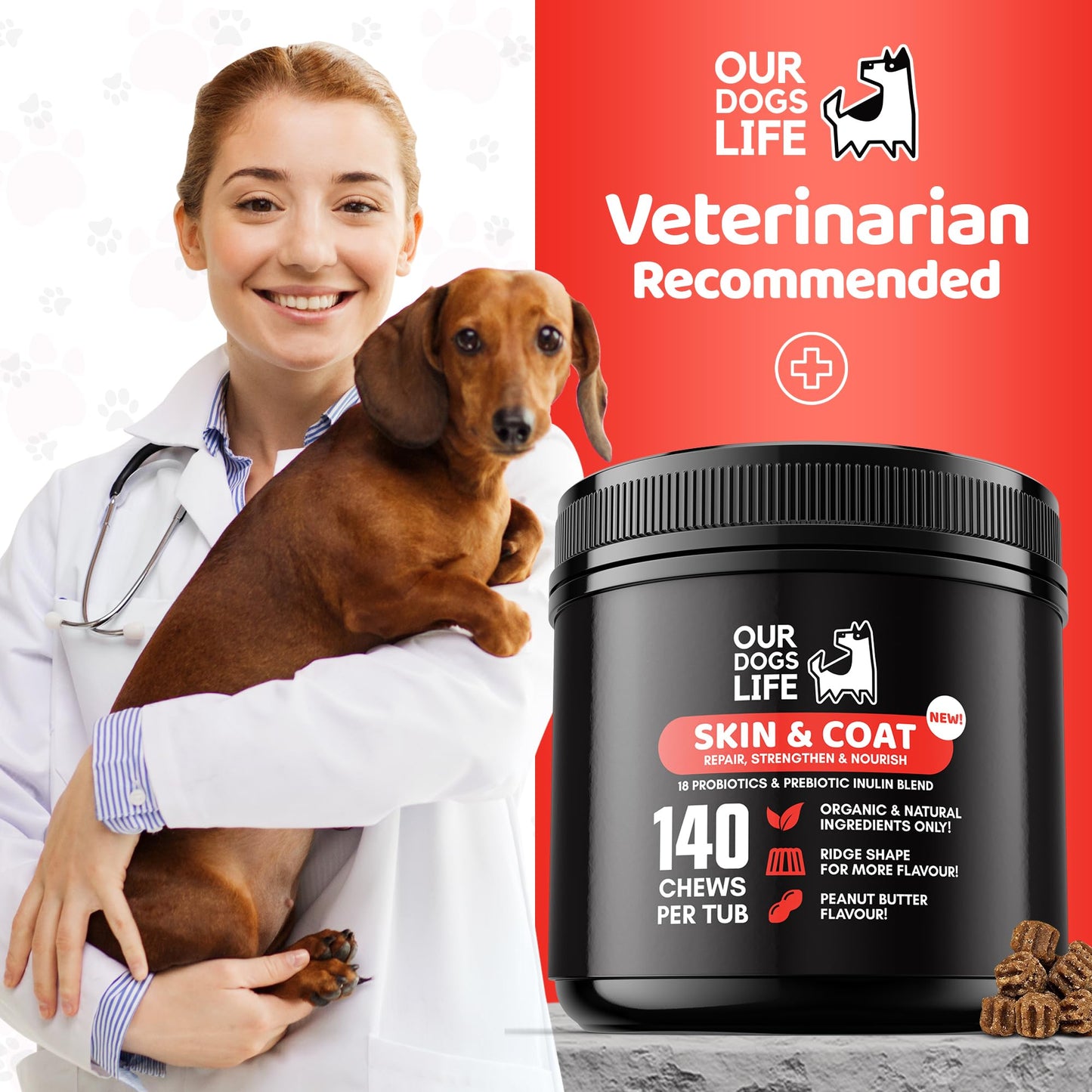 Skin & Coat Supplement for Dogs 140 Chews | for A Soft Silky Coat, Relieve Dry Skin | Veterinarian-Formulated | Essential Omega-3 EPA and DHA Blend | Non-GMO, No Fillers & Gluten Free