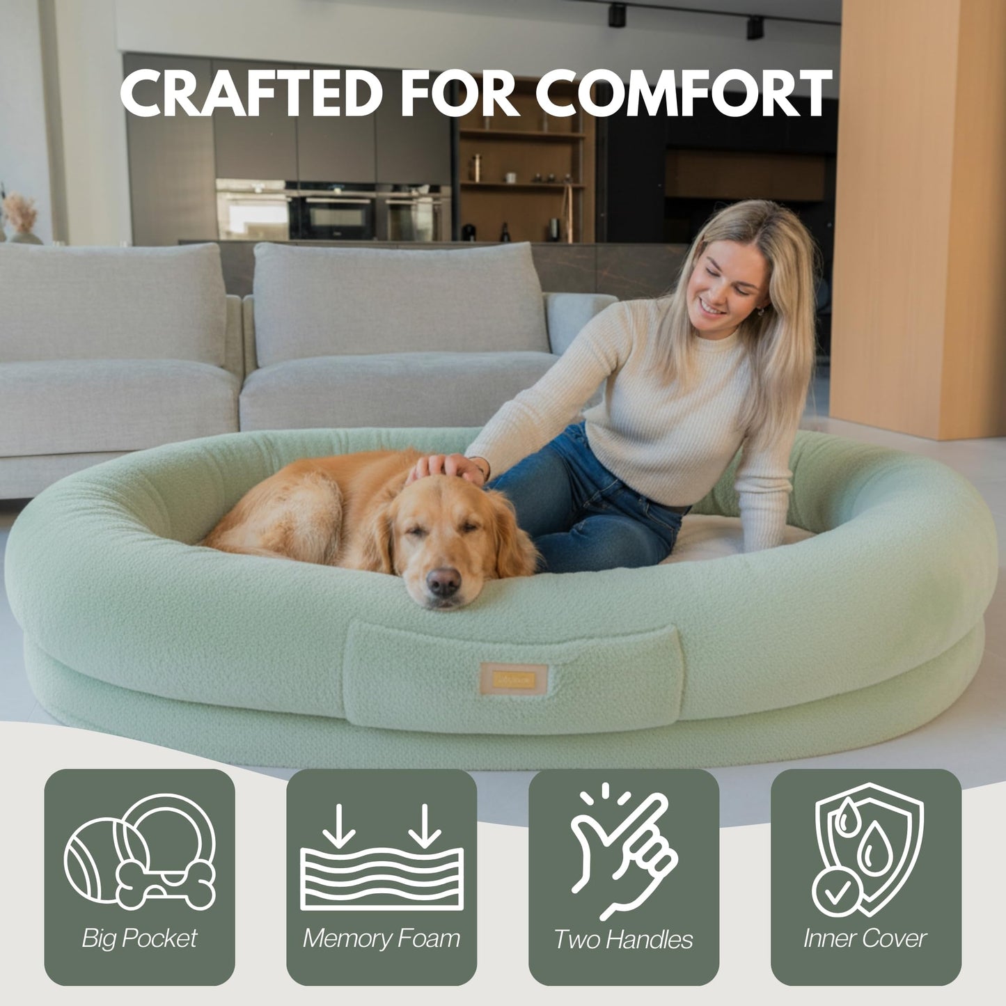 Human Dog Bed for Adults & Pets – Extra Large Cozy Lounger with Ultra-Soft Plush Fabric, Supportive Memory Foam Mattress & Removable Washable Cover – Oversized Pet Bed for Relaxation & Bonding (Green)