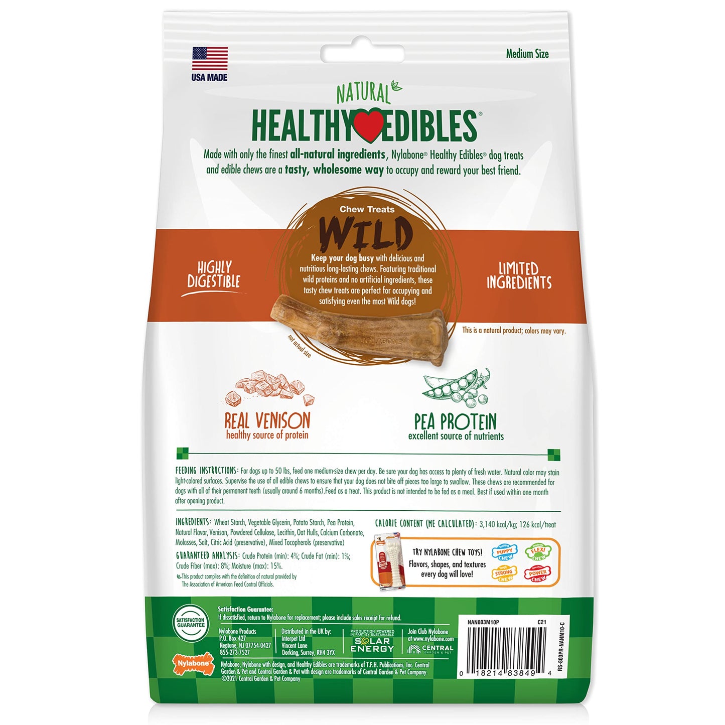 Nylabone Healthy Edibles WILD Natural Dog Chew Treats for Large Dogs, Long Lasting Dog Healthy Chew Antler Bone Made in USA, Venison Flavor, For Dogs Up to 50 lbs. (10 Count)