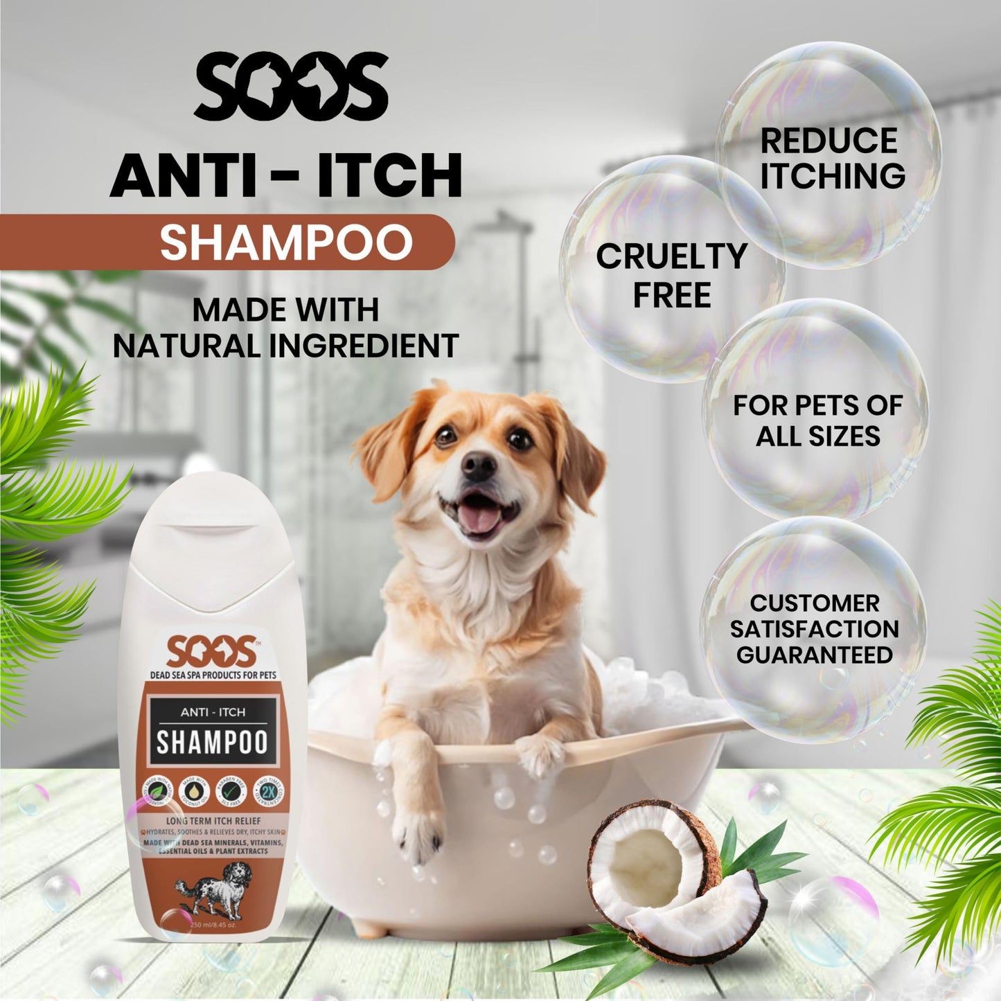 Soos Pet Shampoo Anti-Itch Cat and Dog Shampoo Dead Sea Minerals Fast Absorbing Soothes Itching Clean Fur with Vitamins Essential Oils Natural Ingredients - 1x Bottle (250ml)