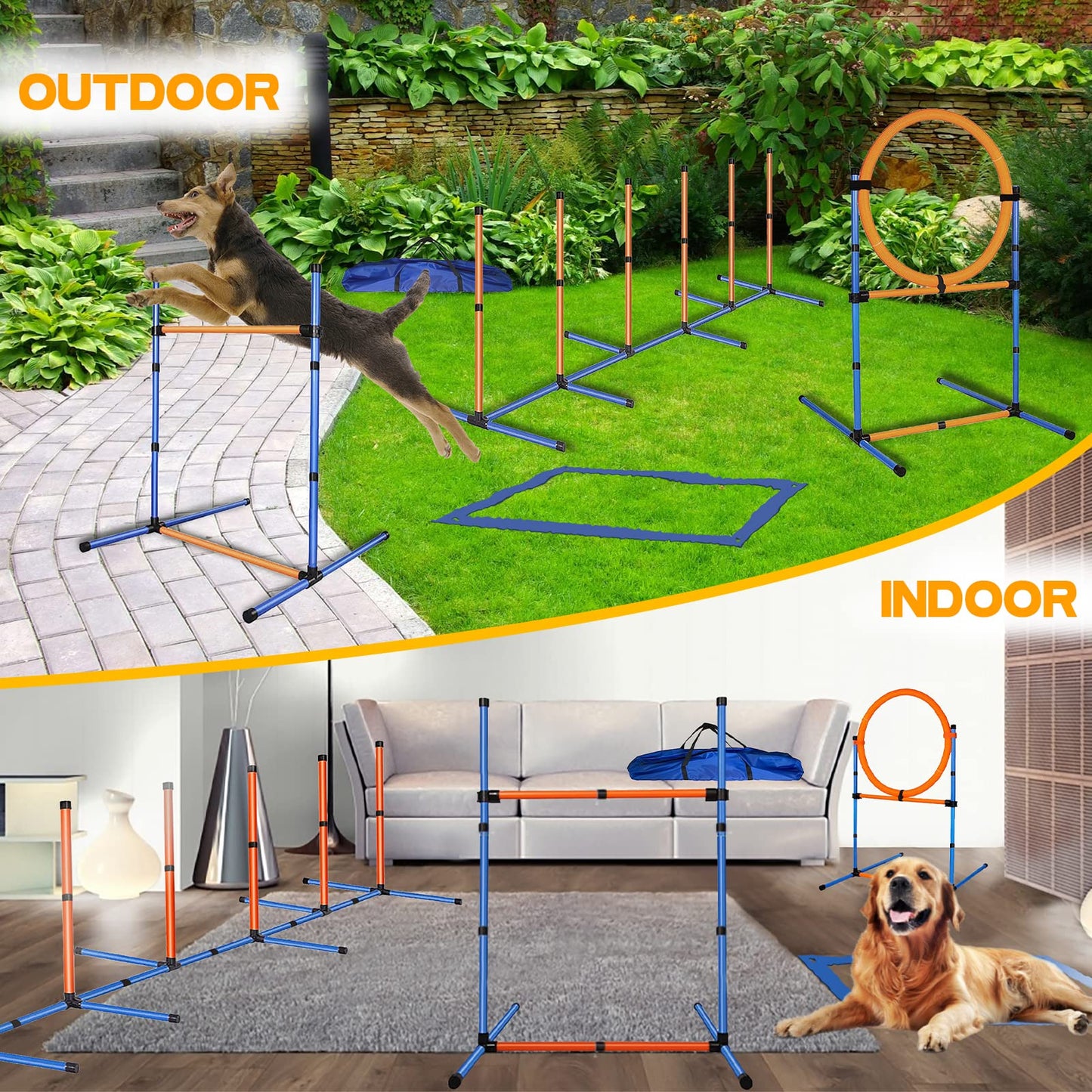 MKSY Dog Agility Equipment Set, Obstacle Courses Training Starter Kit Includes Adjustable High Jump Hurdle, Hoop, Weave Poles, Pause Box, Treat Pouch with Easy Carry Bag