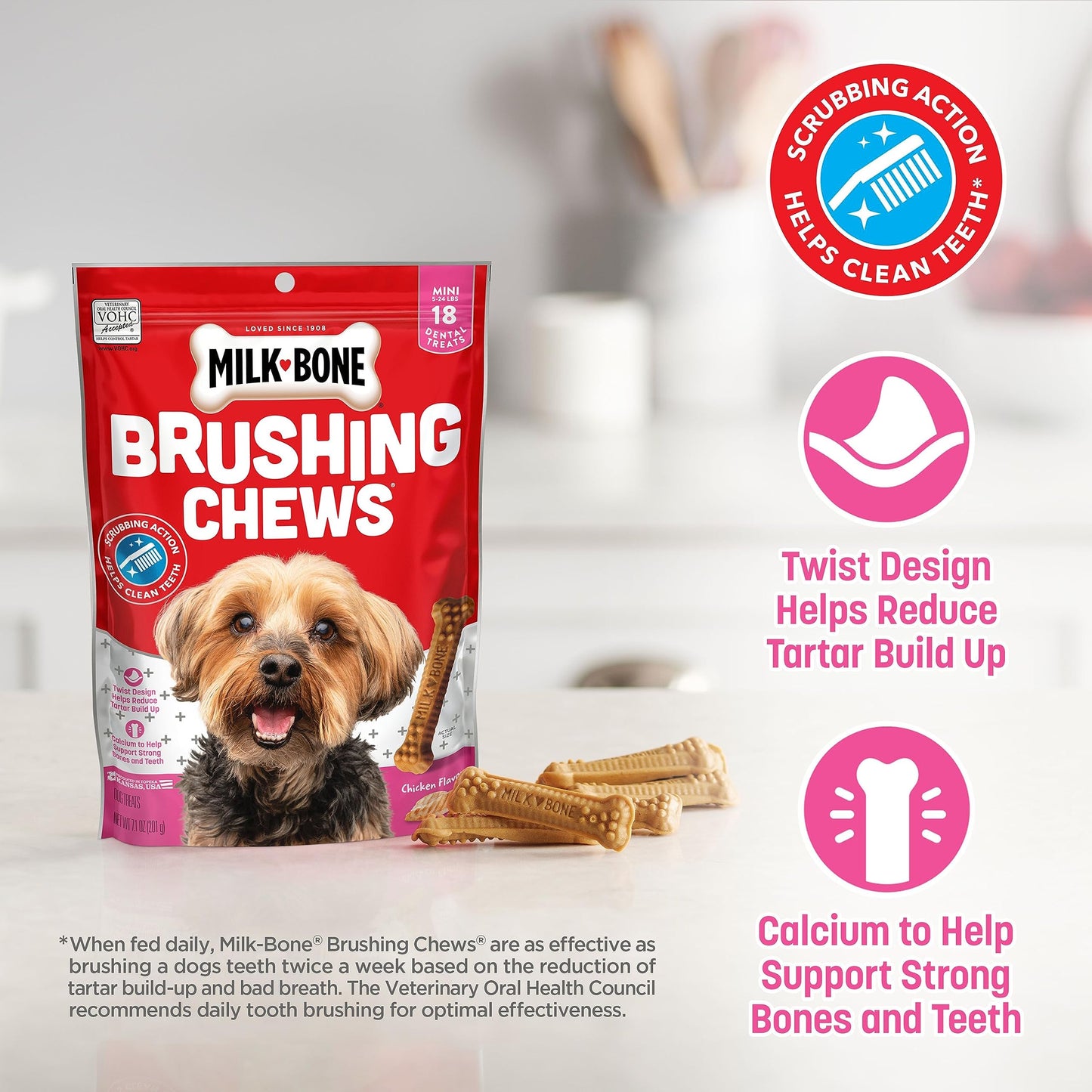 Milk-Bone Original Brushing Chews 48 Mini Daily Dental Dog Treats Scrubbing Action Helps Clean Teeth