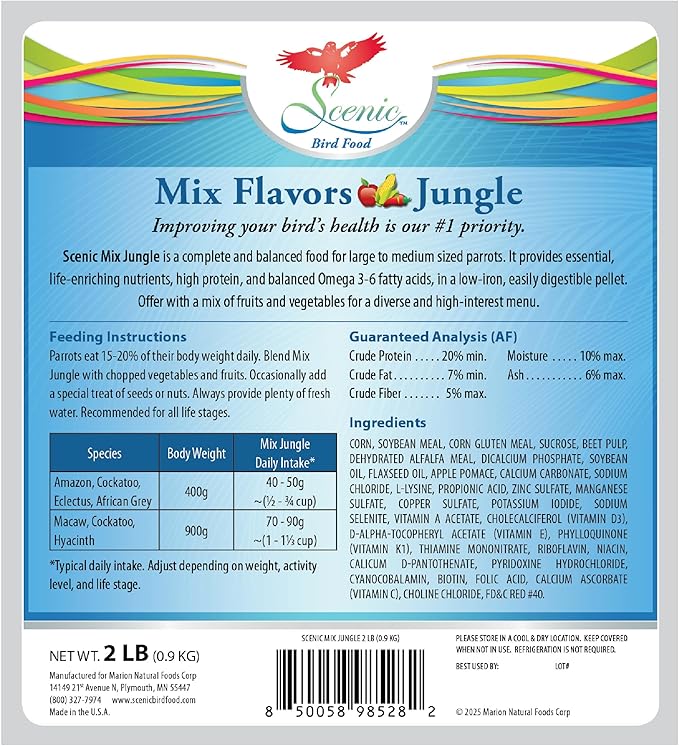 Scenic Mix Jungle Premium Parrot Food - Apple & Natural Flavors, High Protein, Low Iron Bird Pellets for Large Parrots, Macaw Food, Cockatoo & African Grey Parrots, Omega 3, Vitamins & Minerals, 2 LB