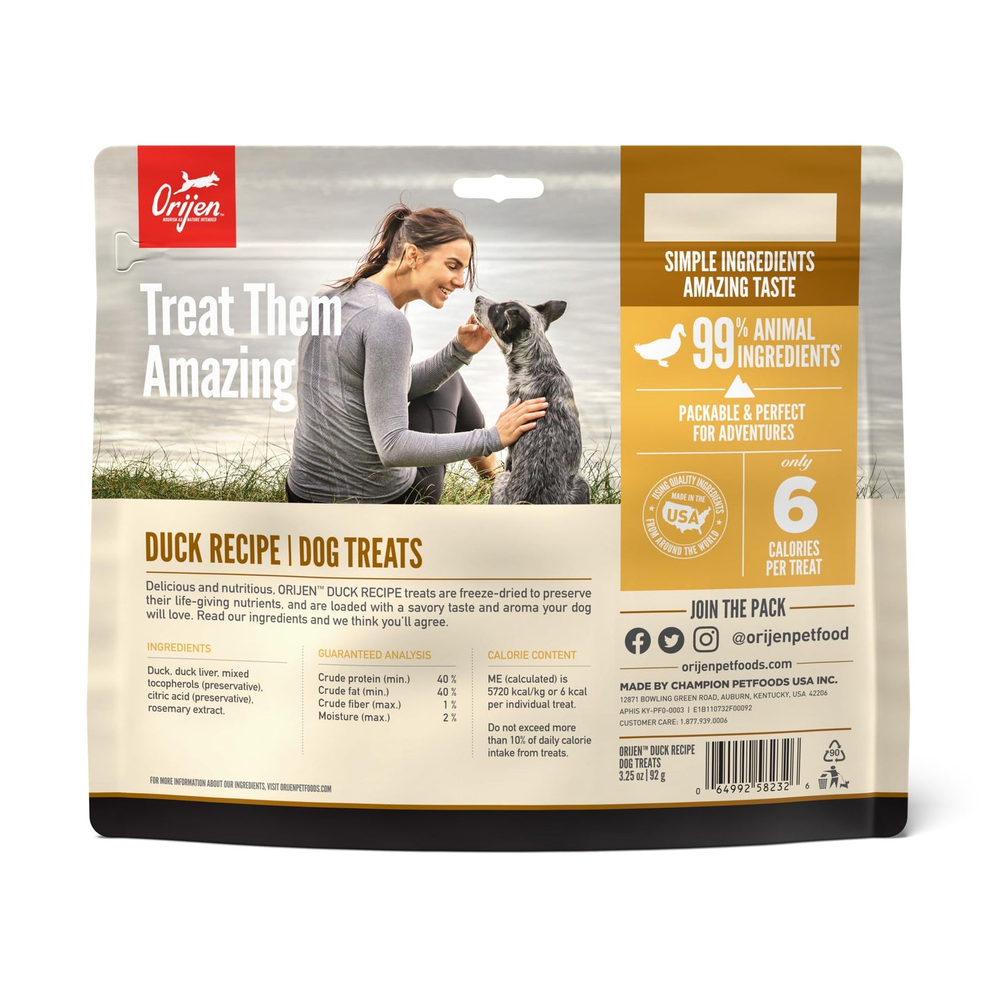 ORIJEN Grain Free High Protein Freeze Dried Dog Treats Free Run Duck Recipe 3.25oz Bag