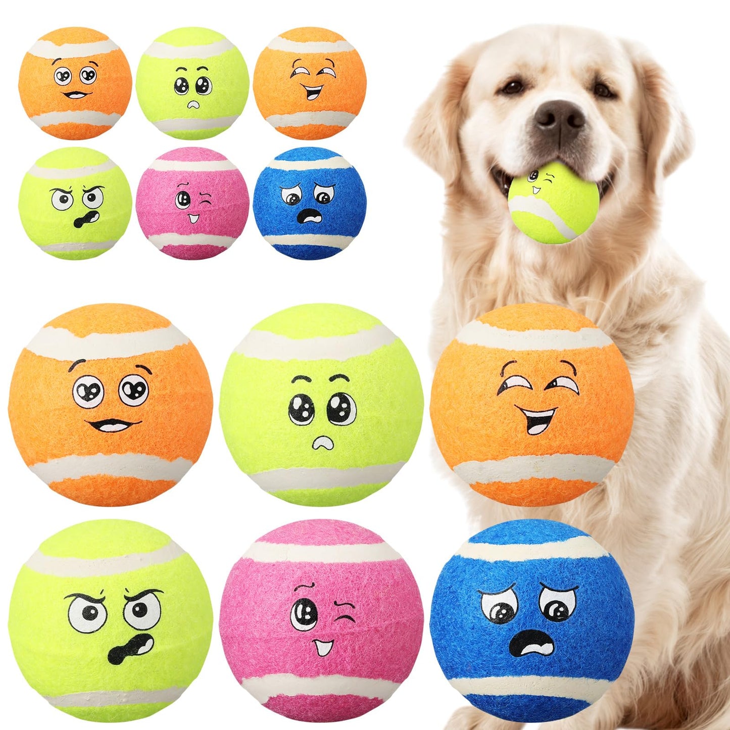 Suilung 12-Pack Smile Face Dog Tennis Balls Squeaky Toys for Medium Dogs, Sturdy Rubber Dog Toys for Outdoor Throw and Fetch, Safe Interactive Training Balls, Pet Exercise Toy (Multicolor)