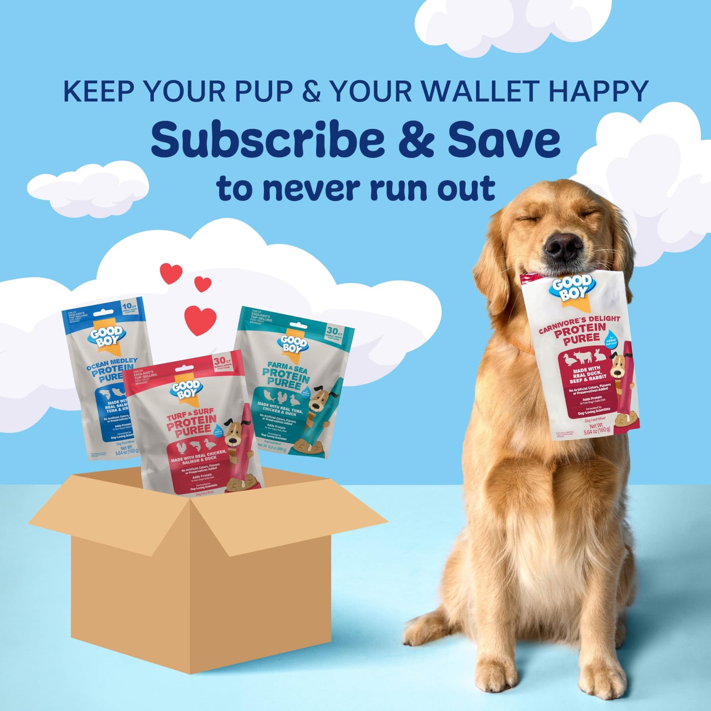 GOOD BOY Farm & Sea Protein Purees Dog Food Mixers for All Adult Dogs, 30 Count, Easy Single-Serve Triple Flavor Topper Treats with Tuna, Chicken and Duck