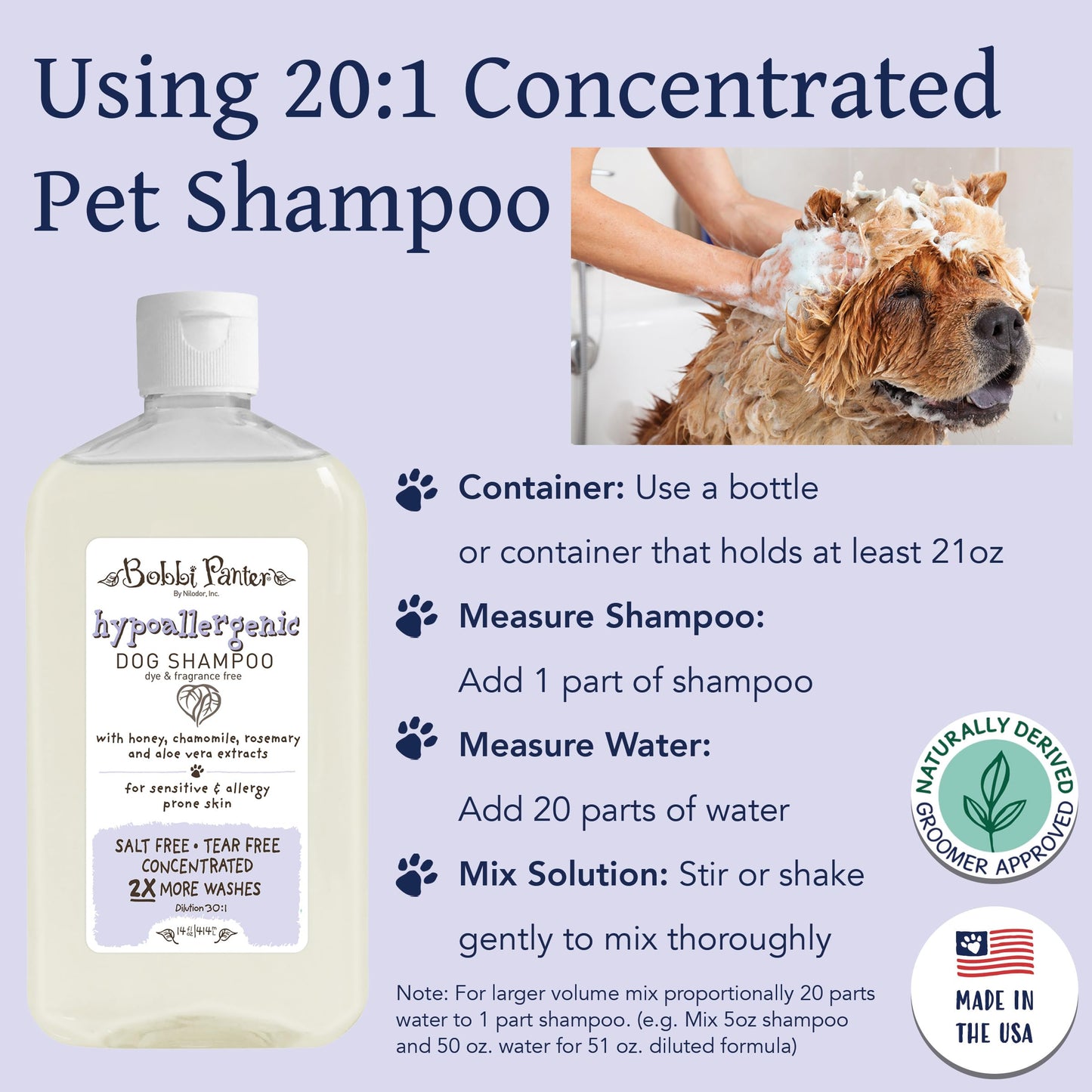 Bobbi Panter Hypoallergenic Dog Shampoo 14 Oz., Dye & Fragrance-Free, Paraben-Free, pH Balanced, Tear-Free, Aloe Vera & Honey Extract, Made in USA, Concentrated 30:1, Made in The USA