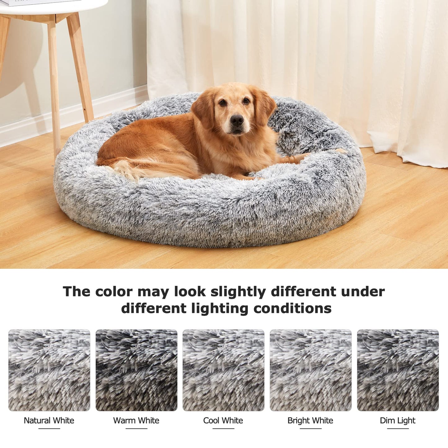 Bedfolks Calming Donut Dog Bed, 36 Inches Round Fluffy for Large Dogs, Anti-Anxiety Plush, Machine Washable (Dark Grey, Large)