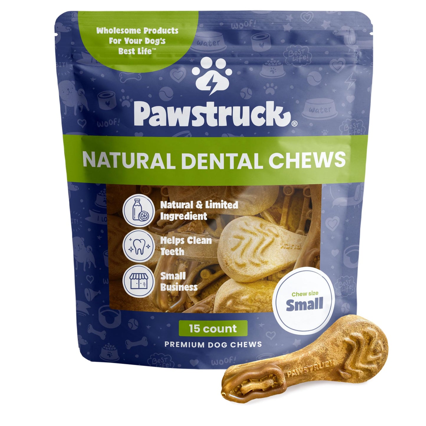 Pawstruck Natural Dental Chews for Small Medium Dogs & Puppies - Vet Recommended Brush Stick Treats Made in USA Breath Freshener to Improve Oral Hygiene & Clean Teeth - 15 Count - Packaging May Vary