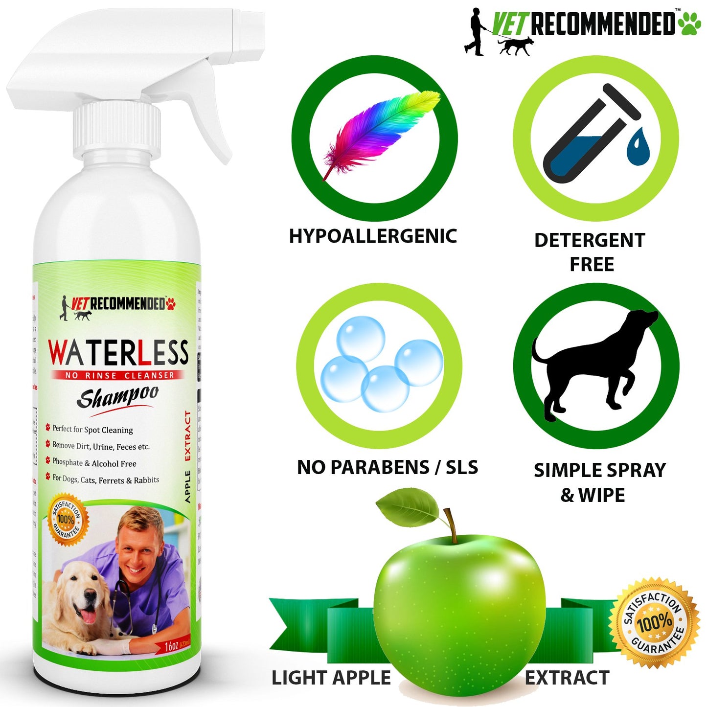Vet Recommended Waterless Dog Shampoo No Rinse Dry Shampoo for Dogs (16oz), Detergent and Alcohol Free, Apple Extract - Perfect for Spot Cleaning The Dog Coat - Made in USA