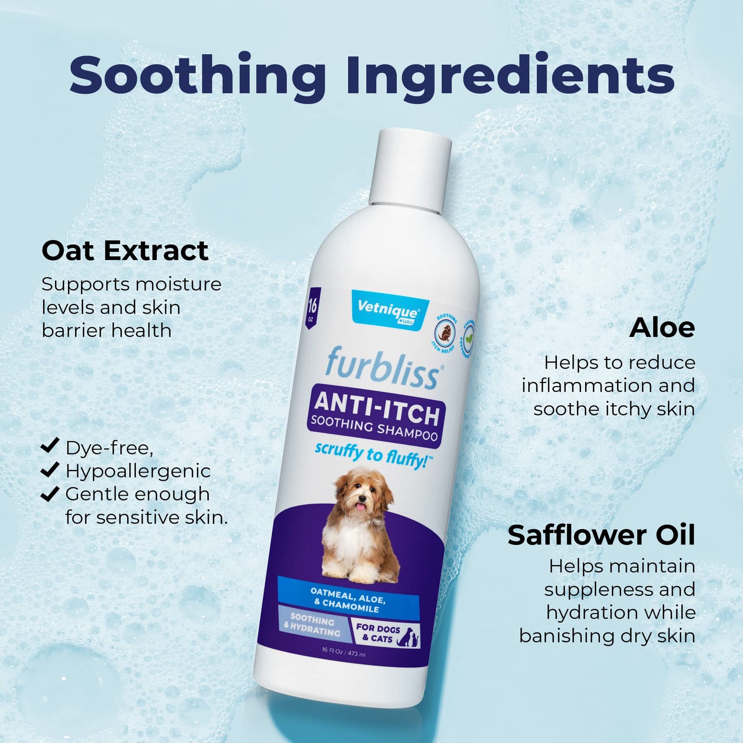 Furbliss Anti-Itch Soothing Oatmeal Shampoo 16oz & Hygienic Grooming Pet Wipes 100ct Bundle, Anti-Itch Oatmeal Shampoo for Dogs, Dog Grooming Wipes with Aloe & Vitamin E