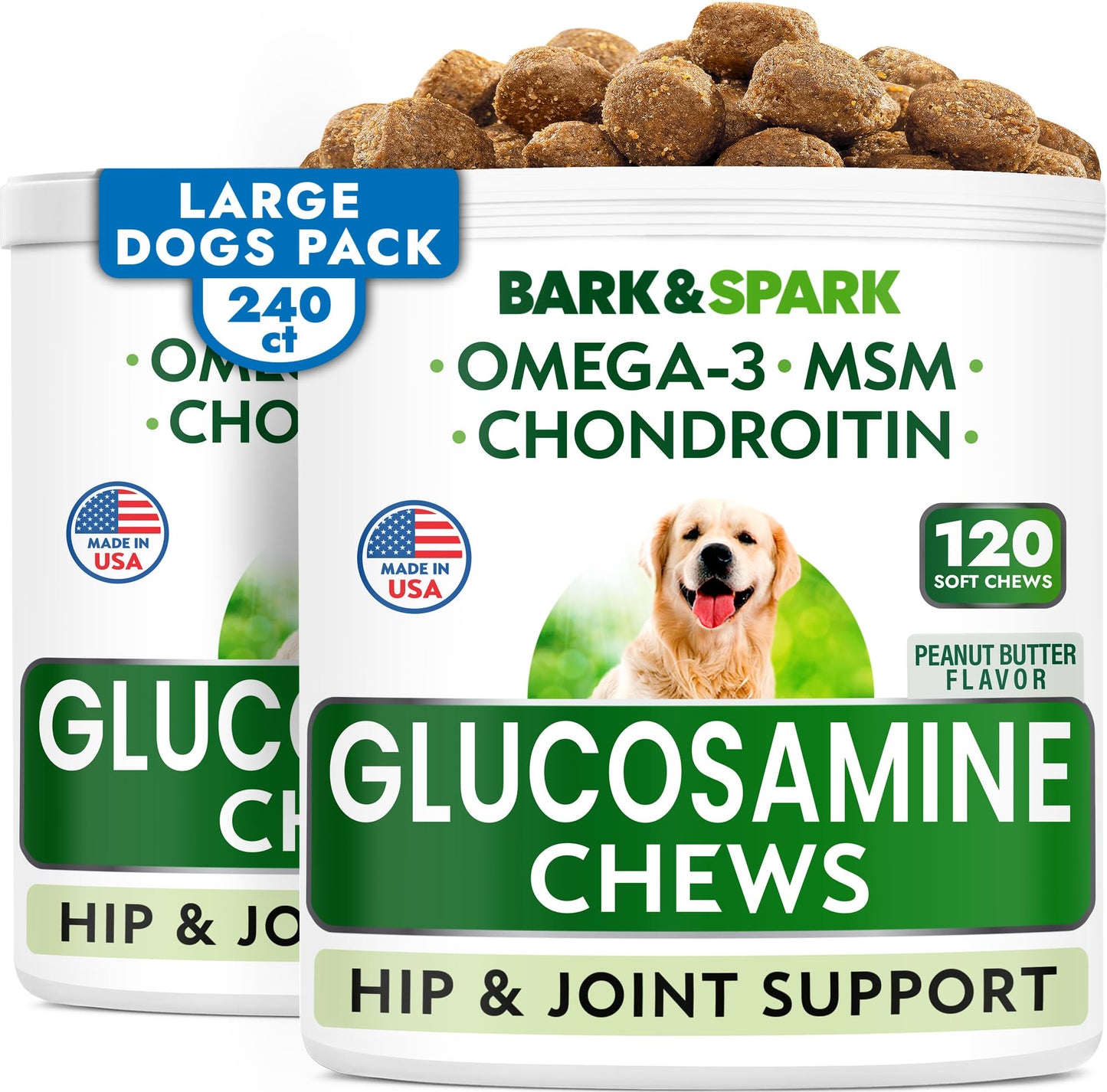 Glucosamine Chondroitin Dog Hip & Joint Supplement - Joint Pain Relief - Hip & Joint Chews for Dogs - Joint Support Large Breed - Senior Doggie Vitamin Pills Joint Health - (240 Treats - Peanut Butte)