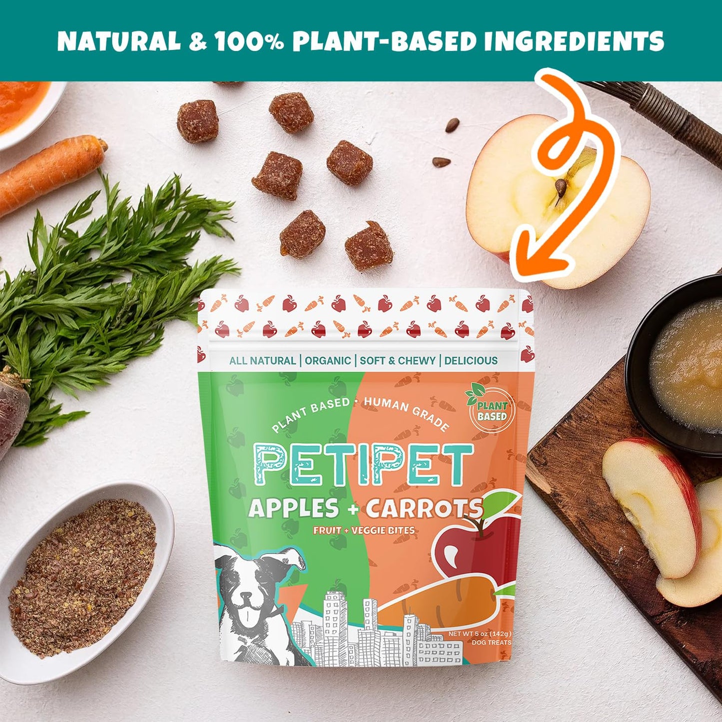PETIPET Apples+Carrots Plant-Based Fruit Dog Treats - Carrot and Apple Soft & Chewy - Healthy Vegetarian, Vegan Dog Treats with Organic Ingredients - Low-Protein, Hypoallergenic, Gluten-Free