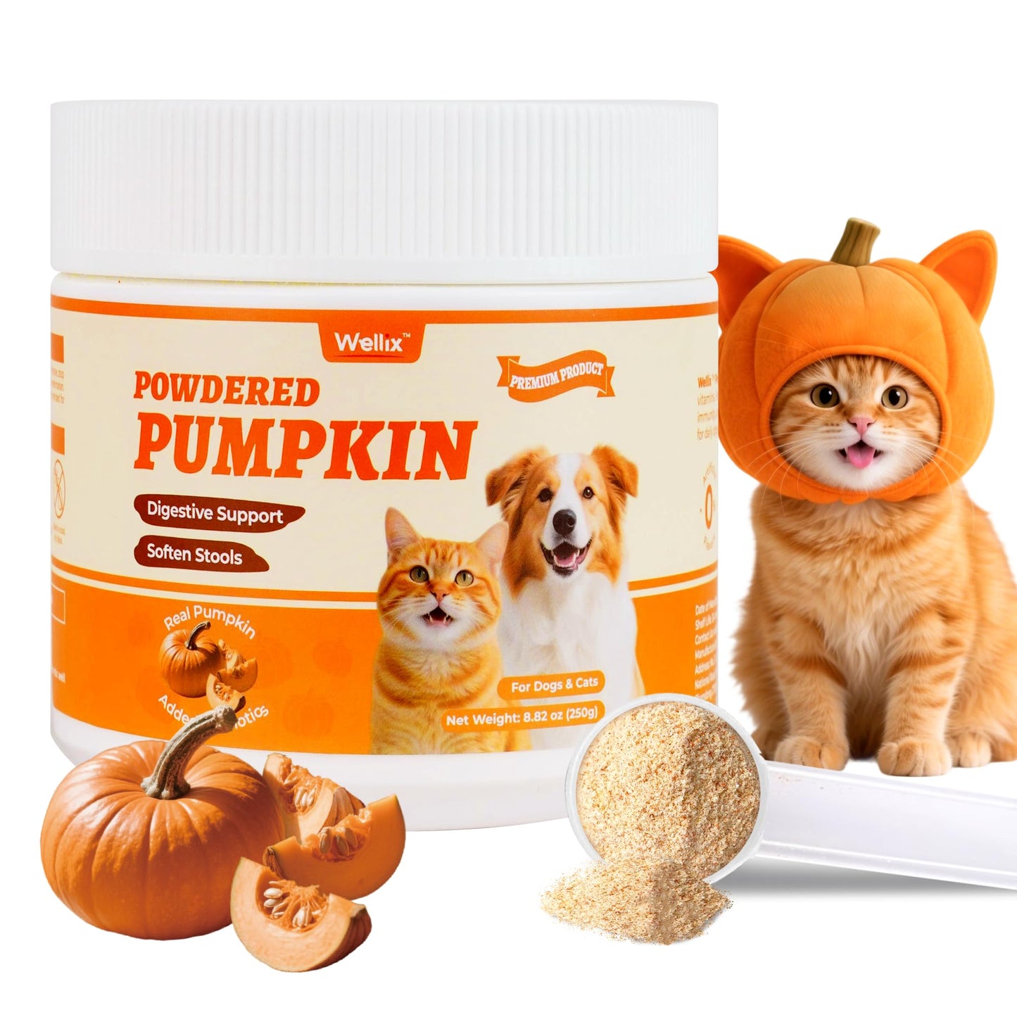 Wellix Pumpkin Powder for Dogs & Cats - Fiber Supplement, Digestion Support, Firms Stool, Dog & Cat Diarrhea, Constipation Relief, Gut Health - Food Topper for Dogs & Cats, Larger Volume