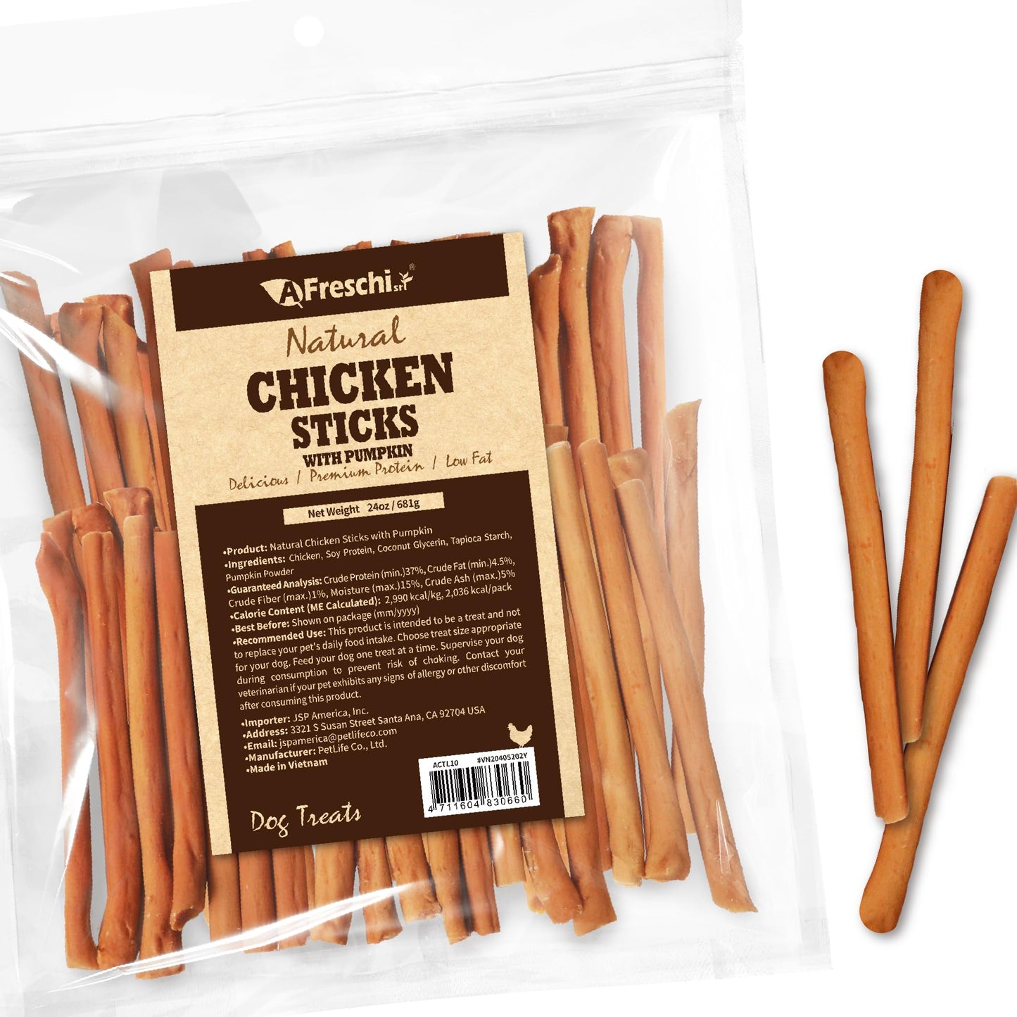 AFreschi Natural Chicken Sticks with Pumpkin 24 oz, All Natural, Grain-Free, High-Protein, Healthy & Easily Digestible, Soft Texture
