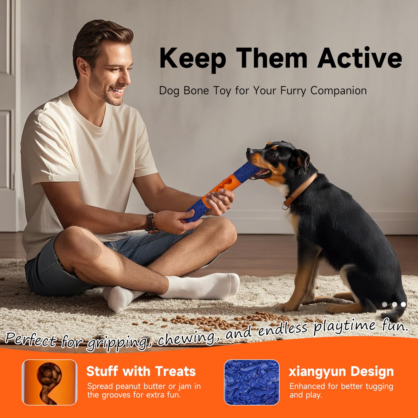 PETOPIA Stick Interactive Dog Toy 9” in Outdoor Dog Toy for Aggressive Chewers Tough Natural Rubber Chew Toys (Blue&Orange)