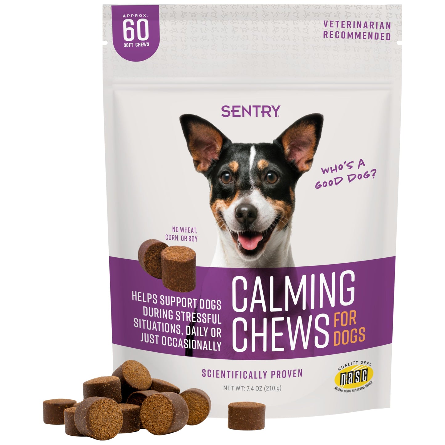 Sentry Calming Chews for Dogs, Calming Aid Helps to Manage Stress & Anxiety, with Pheromones That May Help Curb Destructive Behavior & Separation Anxiety, Health Supplement for Dogs, 60 Count
