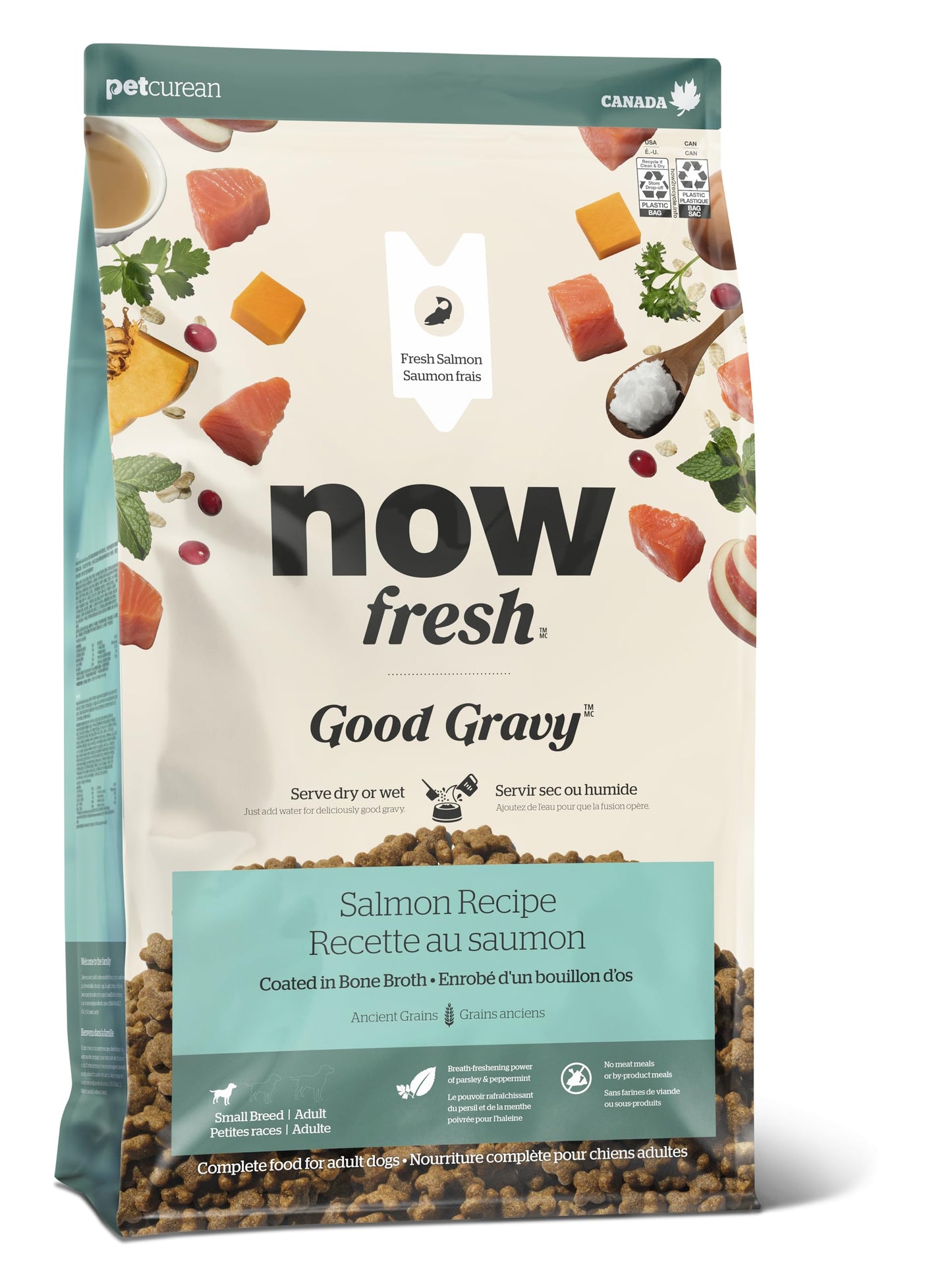 Now Fresh Good Gravy Premium Dry Dog Food with Salmon & Ancient Grains for Small Breeds, Healthy Kibble for Adults Coated in Bone Broth – Just Add Water to Moisten, Chicken-Free, 3.5 lb Bag