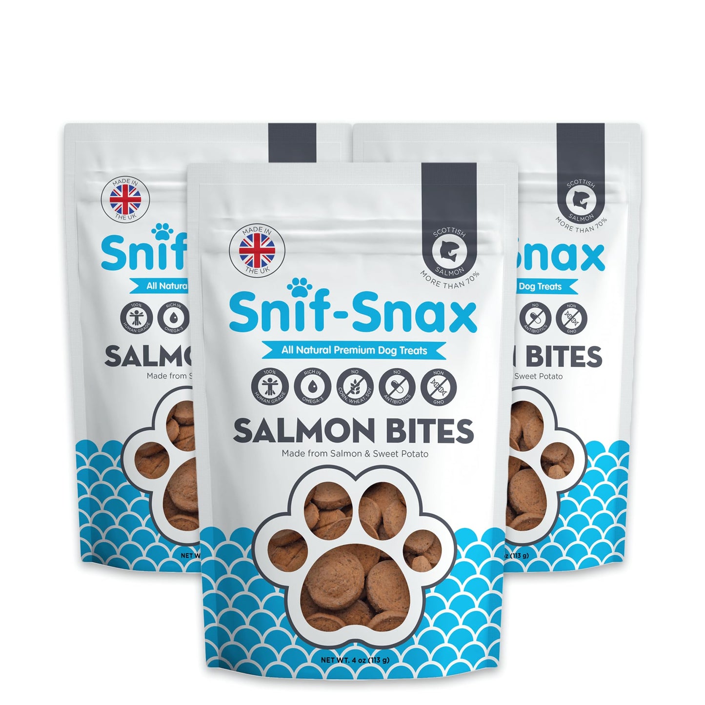 Snif-Snax Salmon Bites Dog Treats 3 Pack – All Natural, Healthy Training & Reward Treats for Dogs – Human Grade, High Protein