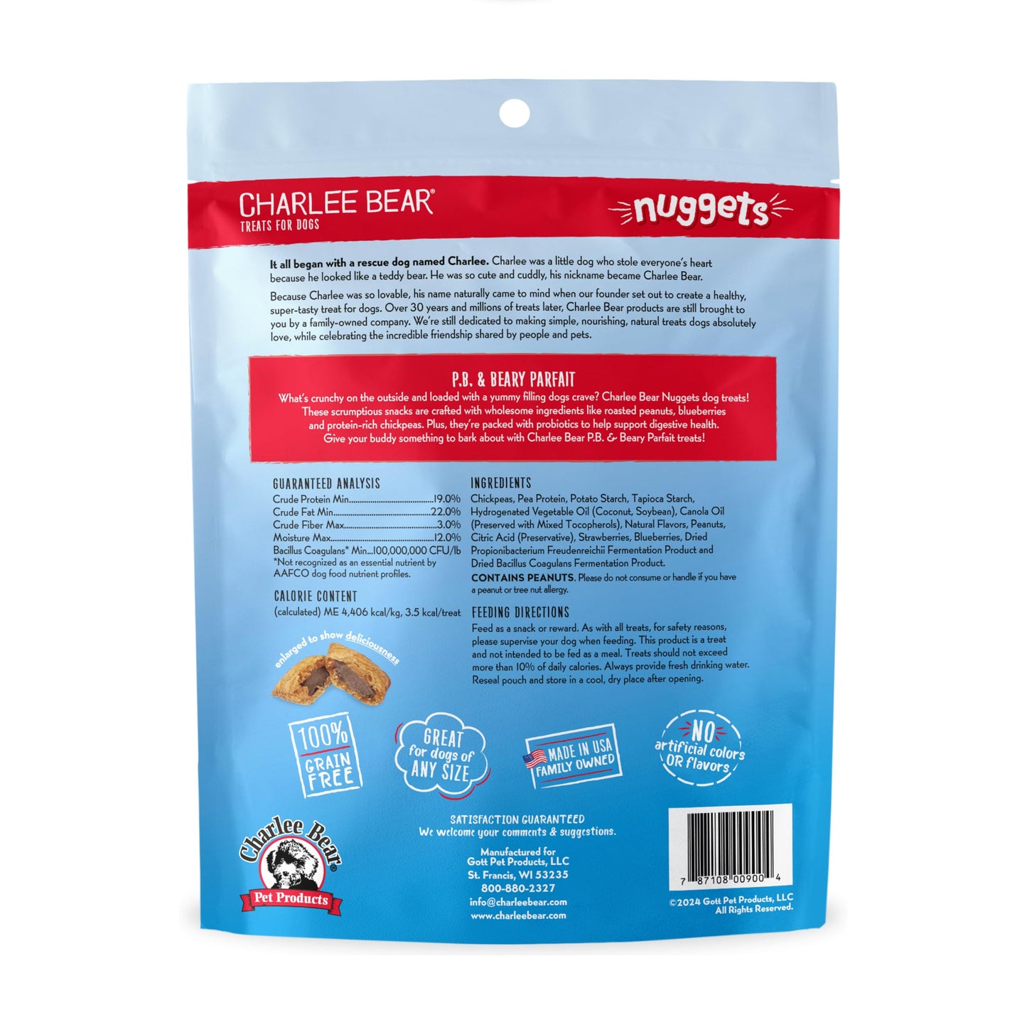 Charlee Bear Nuggets Crunchy and Soft Dog Treats, Peanut Butter and Beary Parfait, 6 Ounce Resealable Bag, Digestive Health Support, Grain Free, Low Calorie, Healthy Dog Snacks