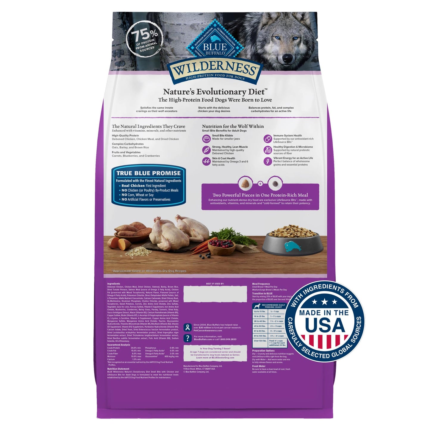 Blue Buffalo Wilderness Natural High-Protein, Small-Bite Dry Food for Adult Dogs, WITH WHOLESOME GRAINS, Chicken, 28-lb Bag
