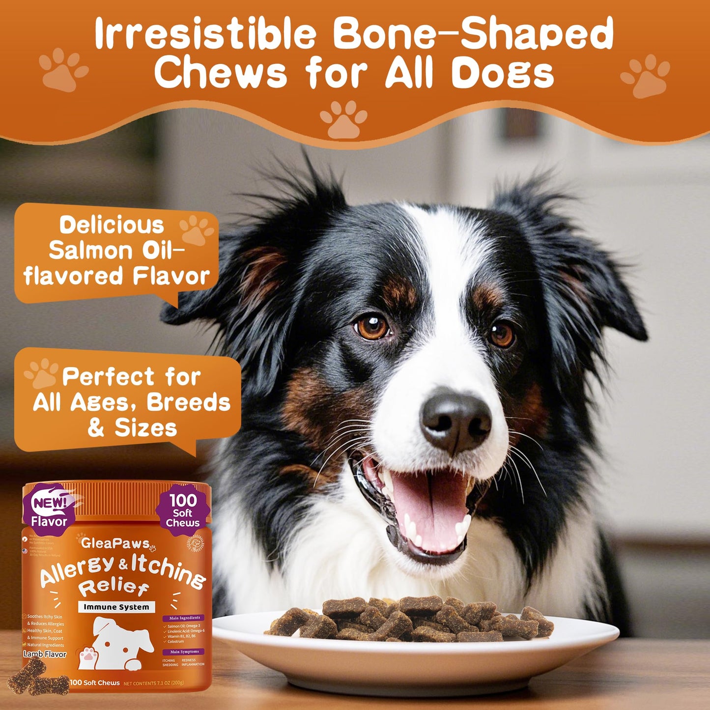 GleaPaws Dog Allergy & Itch Relief Supplement - Salmon Oil Omega-3, Omega-6, Vitamin B1/B2/B6, Colostrum Probiotics for Seasonal Allergy, Hot Spots, Paw Licking, 100 Chews, Lamb+Salmon Oil