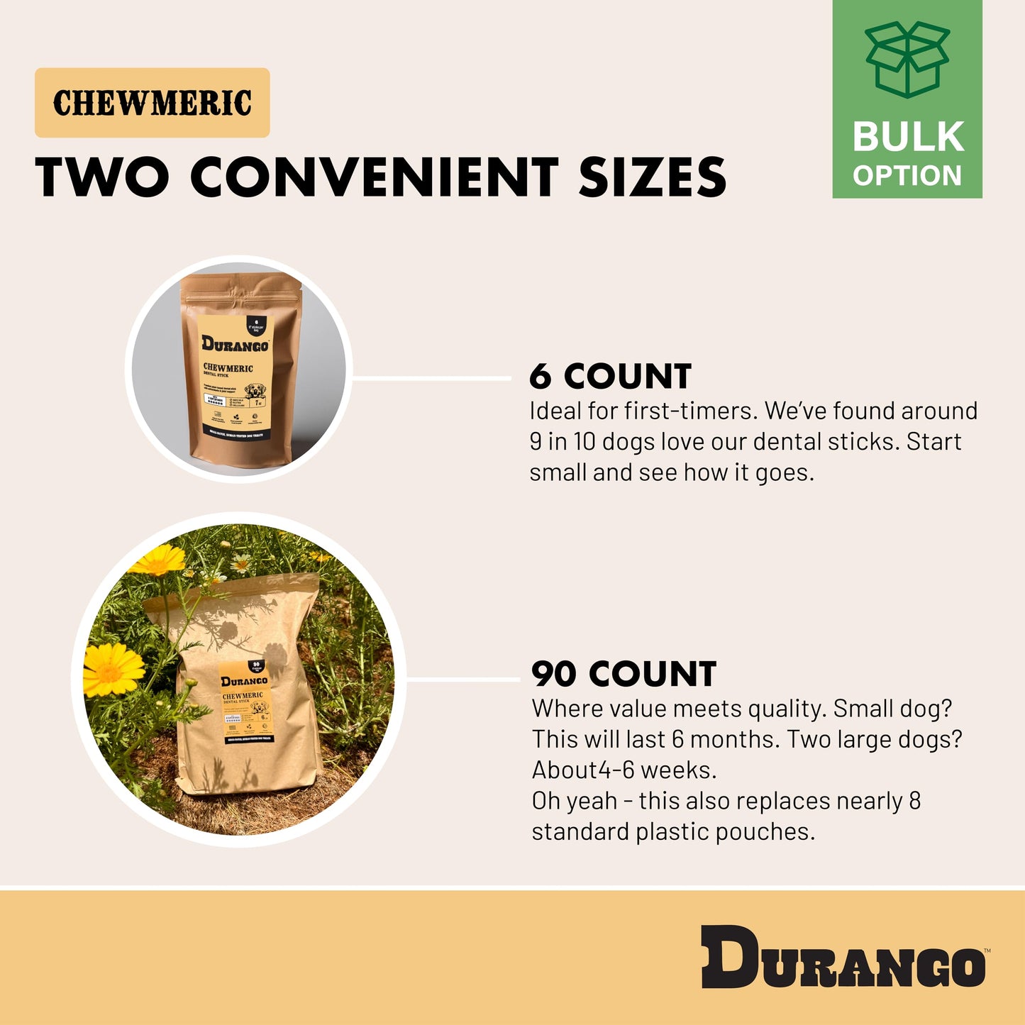 Durango Chewmeric Dental Sticks for Dogs – 6” Plant-Based Dog Chews with Turmeric, Spirulina, and Peppermint – Fresh Breath & Joint Support – Grain-Free Vegan Treats – Made in USA (6 Count)