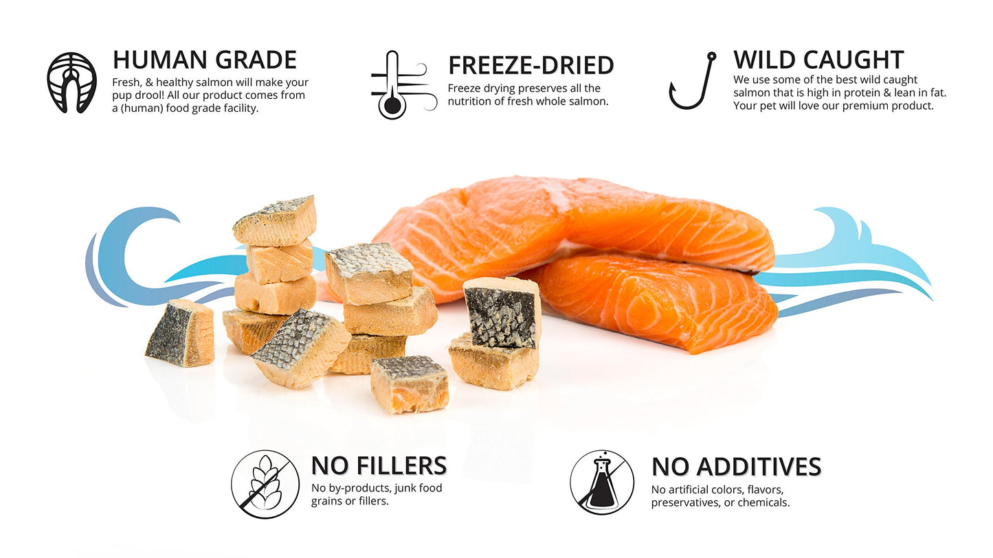 Freeze Dried Salmon Dog Treats – All Natural Dog Treats, Healthy Protein, High Value Training – Omega 3-6 Fish Oil - 100% Pure Fish with Skin, Wild Caught - Single Ingredient, Grain Free - Made in USA