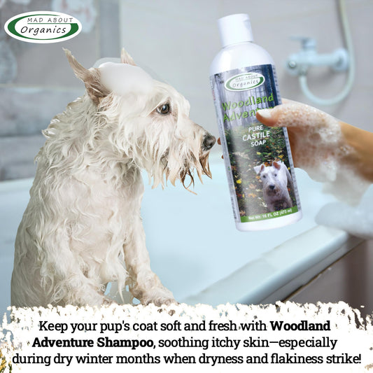 Mad About Organics Woodland Adventure Pure Castile Dog Shampoo - Gentle Moisturizing Formula for All Skin Types, Crafted with Pure Ingredients, Mild and Nourishing for Dogs 4 Weeks & Up, 16 oz