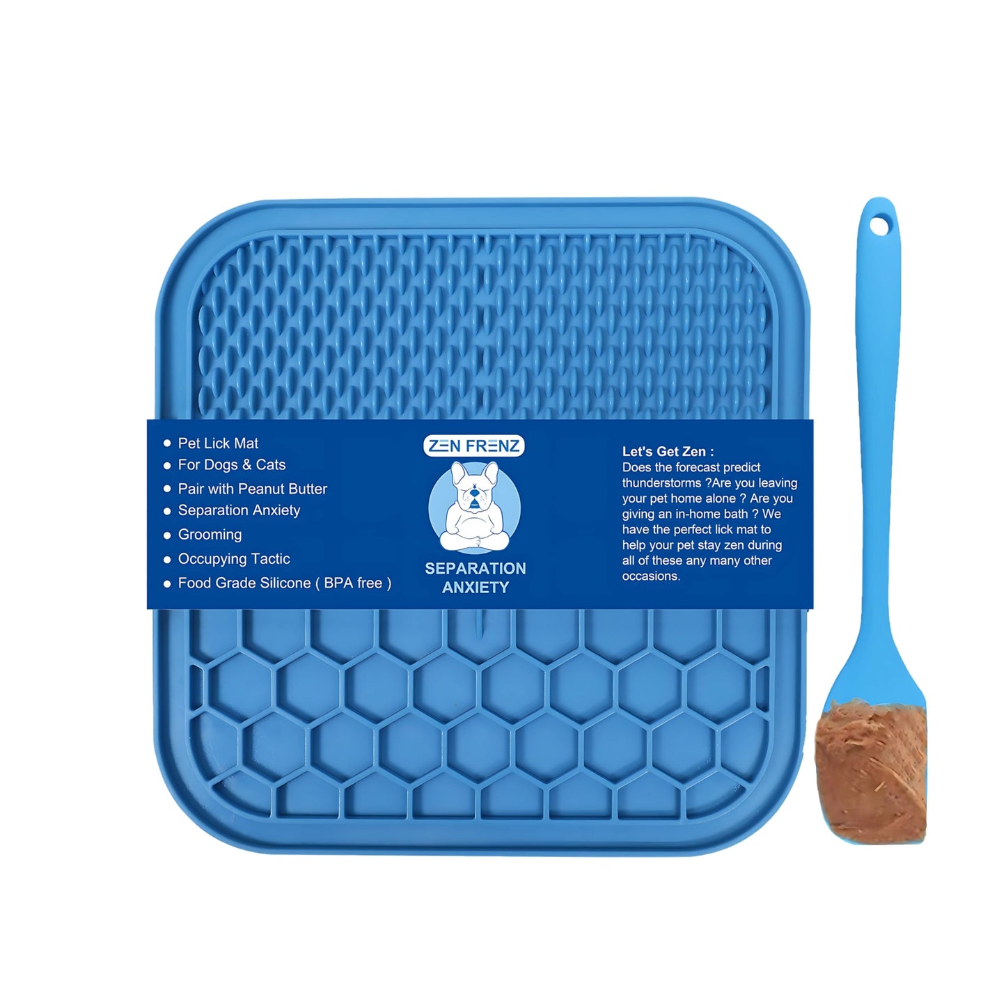 Zen Frenz Premium Lick Mat for Dogs & Cats with Suction Cups and Spatula Spreader for Pet Separation Anxiety Relief, Slow Feeder, Perfect with Peanut Butter, Occupying Tactic, Grooming, and Travel