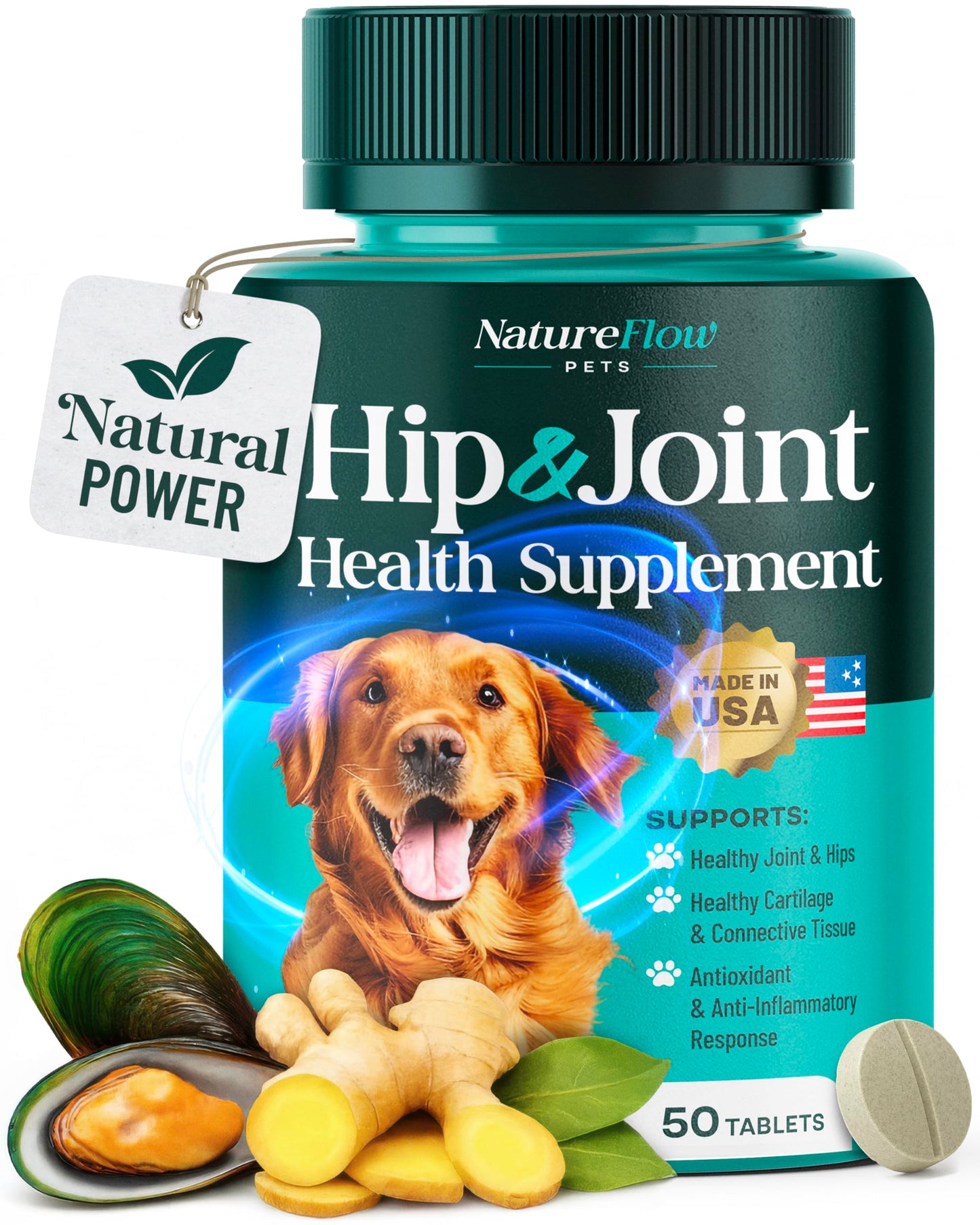 Hip and Joint Supplement for Dogs 50ct, Power of Nature Made in USA, Up to 100 Days Unique Formula: Green-Lipped Mussel, Glucosamine, Chrondroitin, MSM, Devils Claw, All Breeds (Small and Large Breed)