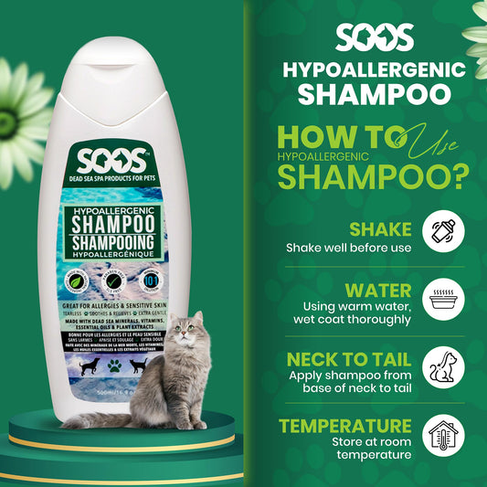 Soos Pet Dog Shampoo for Cats and Pets Hypoaller-genic Natural Dead Sea Minerals Fast Absorbing with Vitamins Essential Oils Natural Elements Antiba-cterial - 1x Pet Shampoo (500ml)