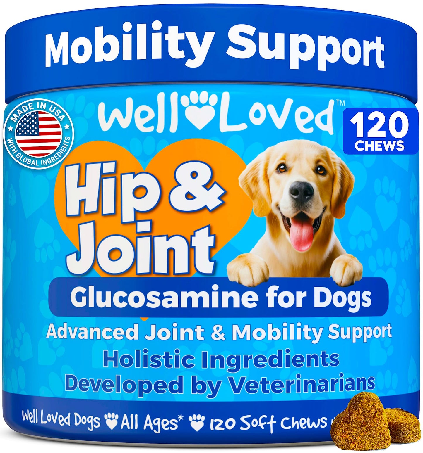 Well Loved Glucosamine for Dogs - Joint Supplement for Dogs, Made in USA, Vet Developed, Glucosamine Chondroitin, Hip and Joint Chews with MSM, Large Breed, Pain Relief, 120 Chews