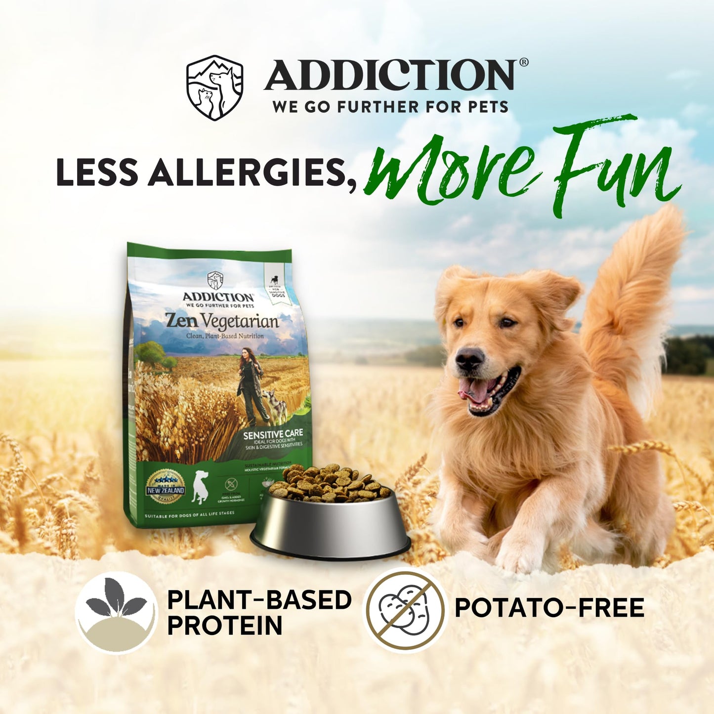 Addiction Zen Vegetarian Dry Dog Food - Plant-Based Protein for Dogs with Meat Allergies & Sensitive Skin - Vegetarian Dog Food for All Life Stages - Made in New Zealand 20lb