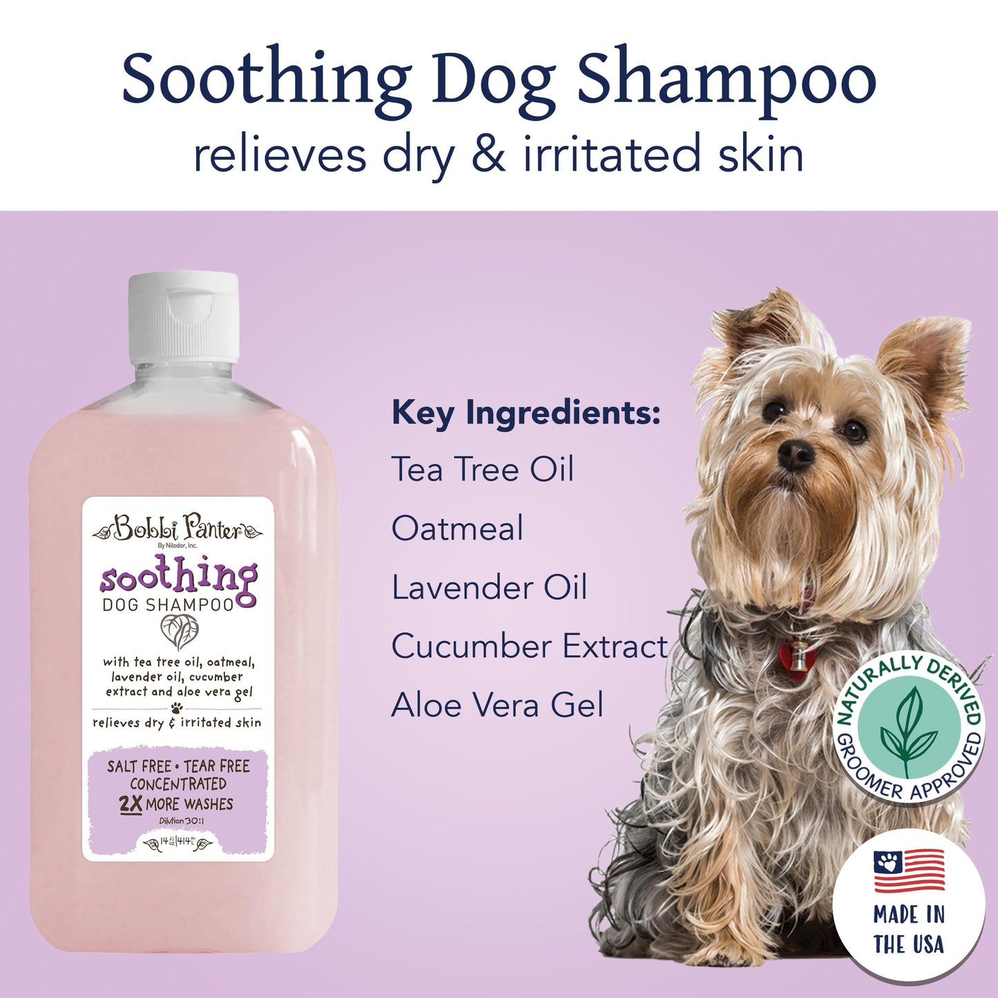 Bobbi Panter Soothing Dog Shampoo, Heals & Soothes Irritated Skin, Lavender Scent - 30:1 Concentrated Formula, Made in The USA, Trusted by Professional Groomers, 14 oz.