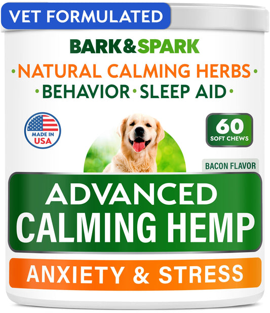 BARK&SPARK Advanced Calming Chews for Dogs - Hemp Chew + Melatonin - Anxiety Relief - Sleep Aid - Relaxing Treats - Stress Relief During Fireworks, Storms, Thunder, Barking - Made in USA - BBQ - 60Ct