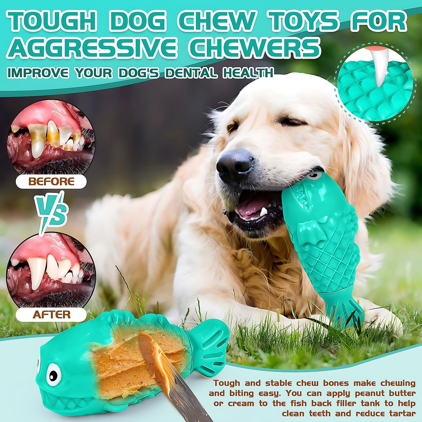 Durable Dog Toys to Keep Them Busy - Tough Treat Dispensing Chew Toy with Bacon Flavor & Squeaker for Aggressive Chewers, Interactive Mental Stimulation for Large Breeds (Green)