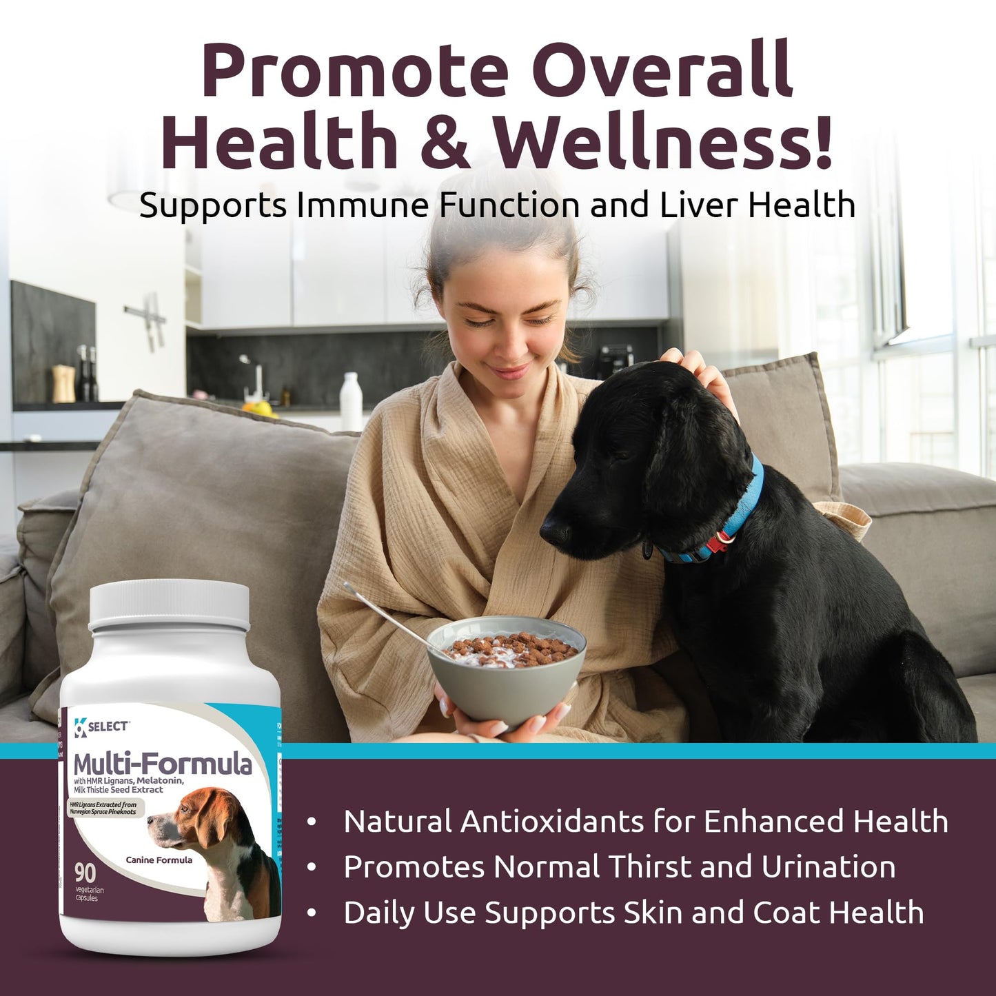 K9 Select Multi-Formula Dog Vitamins for Medium Dogs - 20mg HMR Lignans, 2mg Melatonin, 40mg Milk Thistle - Helps Heart, Liver, Digestion & Coat Health, Dog Multivitamin, 90 Capsules