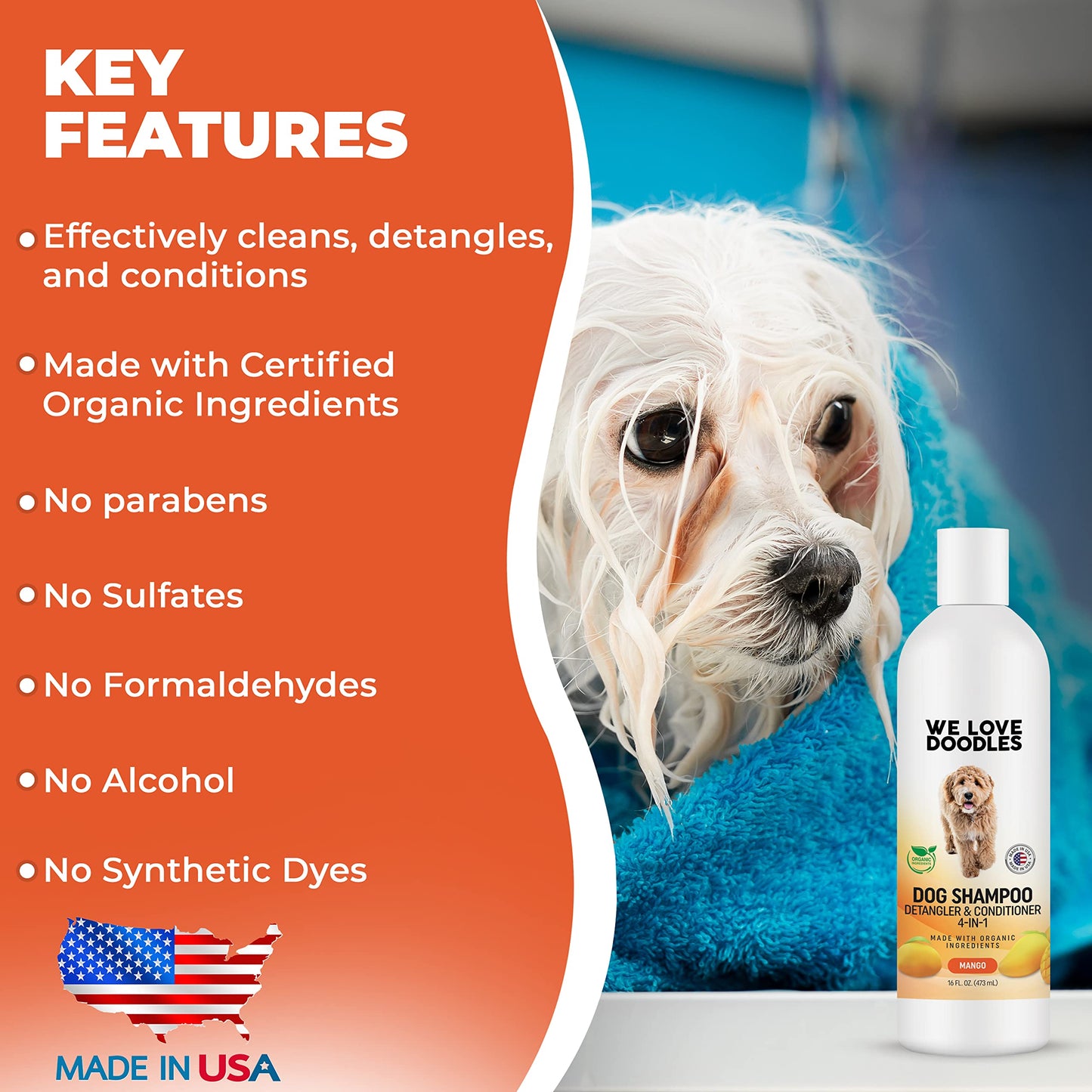 We Love Doodles Dog Shampoo Mango & Curved Slicker Brush - Pet Shampoo for Matted Hair, Sensitive Skin Shampoo for Puppies, for Long-Haired Dogs, Poodle, Golden Doodle, and Dematting (Large)