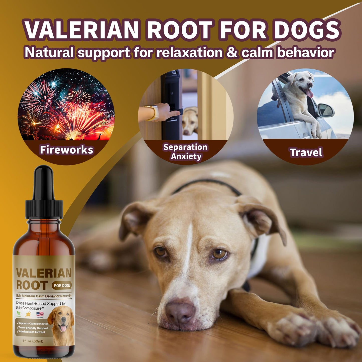 Valerian Root for Dogs, Natural Calming Support for Environmental Stress, Vet Visits, Travel & Time Spent Home Alone, Herbal Supplement, 30ml