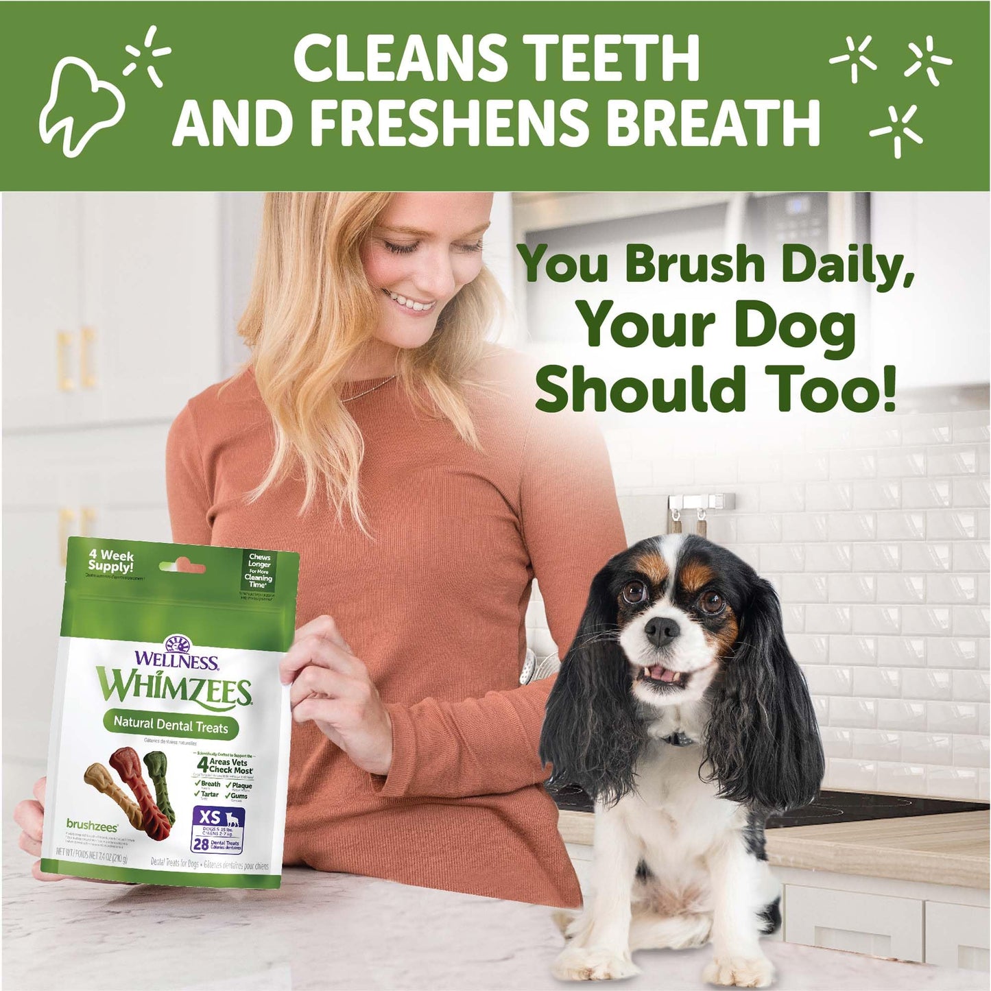 WHIMZEES Wellness Daily Brushzees Dog Dental Treats, Natural Chews, Extra Small Size Stick, (28 Count)