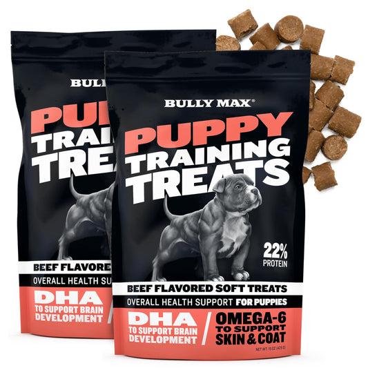 Bully Max Puppy Training Treats - Soft Chews Dog Food Supplements & Vitamins for Brain, Skin & Coat Health - Glucosamine & Chondroitin for Joint Support – Multivitamin Food Topper for Puppies - 2 Bags