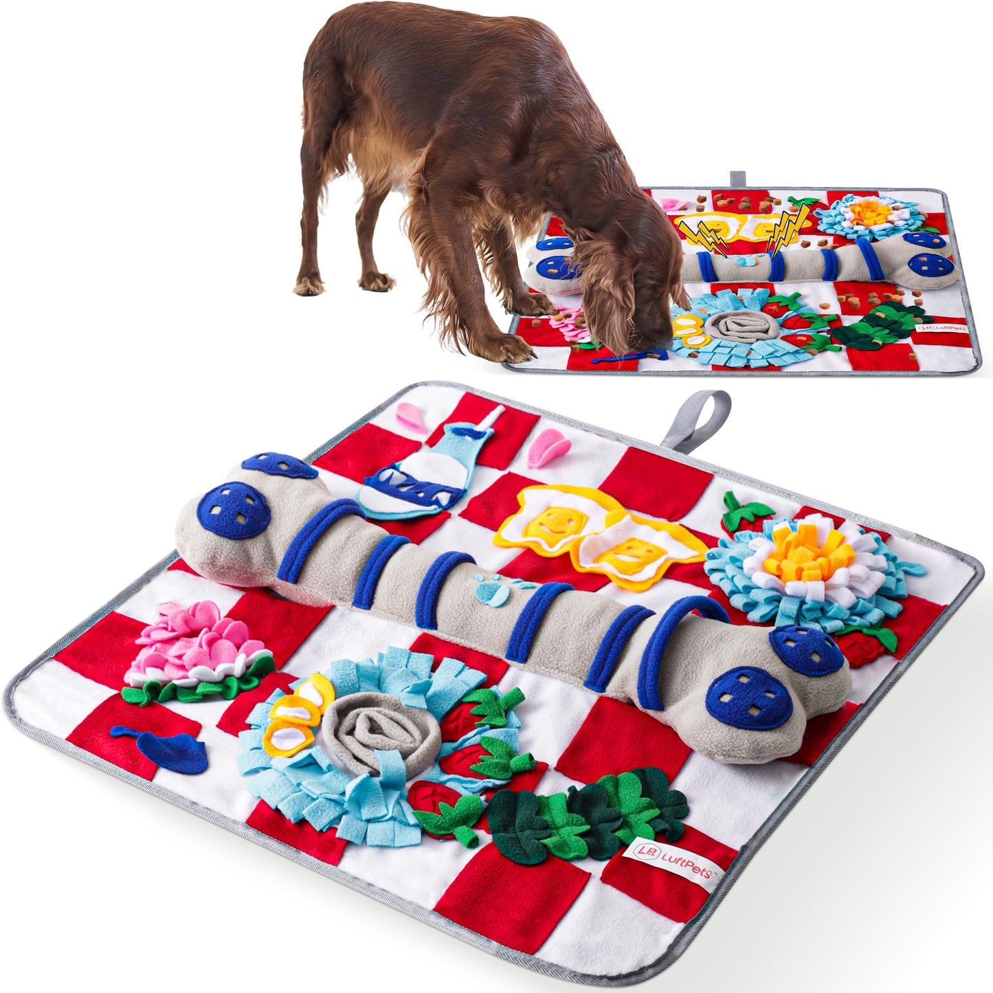 LUFTPETS Soft Snuffle Mat for Dogs Large Breed, Keeps Pets Busy, Comfortable Sniff & Enrichment Mat to Lay On, Puzzle Toy & Lick Pad with Lots of Games, Anti-Slip & Washable, Slows Down Feeding (Red)